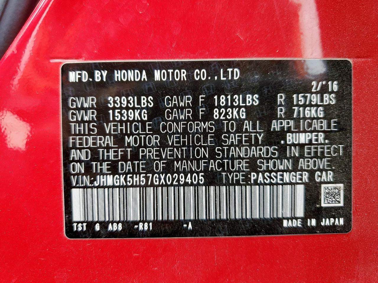 2016 Honda Fit Lx VIN: JHMGK5H57GX029405 Lot: 62540435