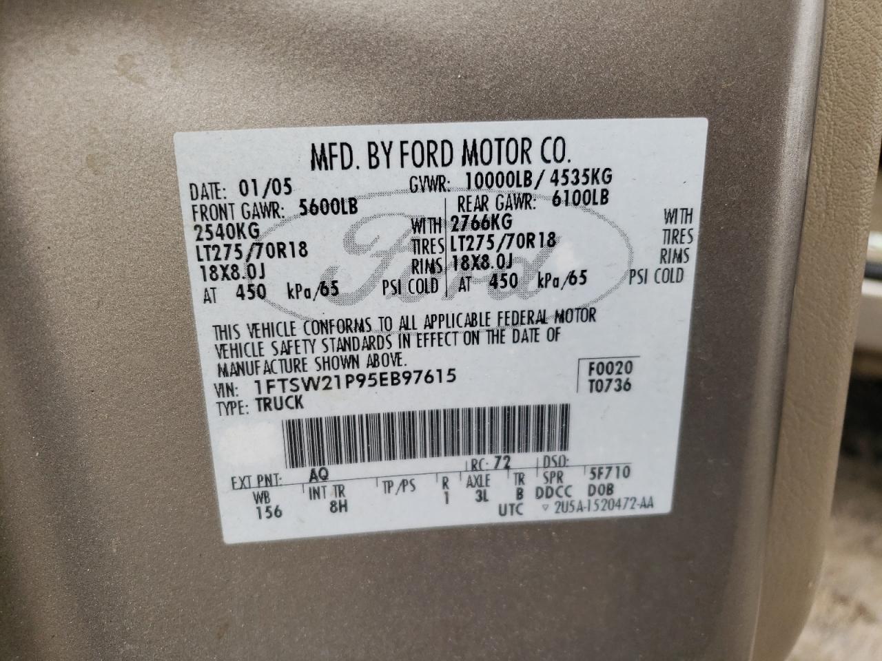 2005 Ford F250 Super Duty VIN: 1FTSW21P95EB97615 Lot: 61508645