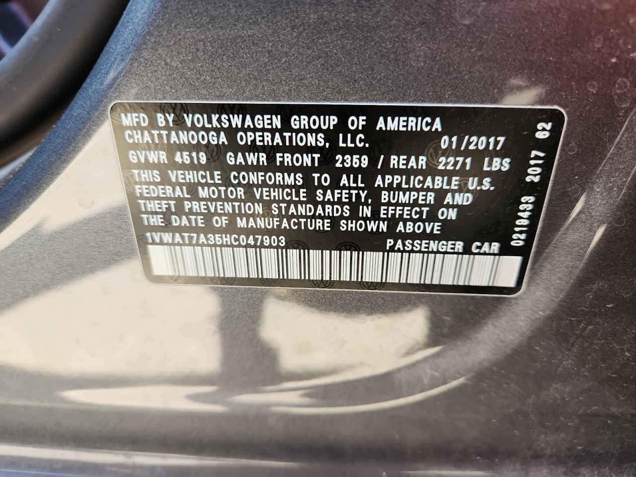 2017 Volkswagen Passat S VIN: 1VWAT7A35HC047903 Lot: 61750375