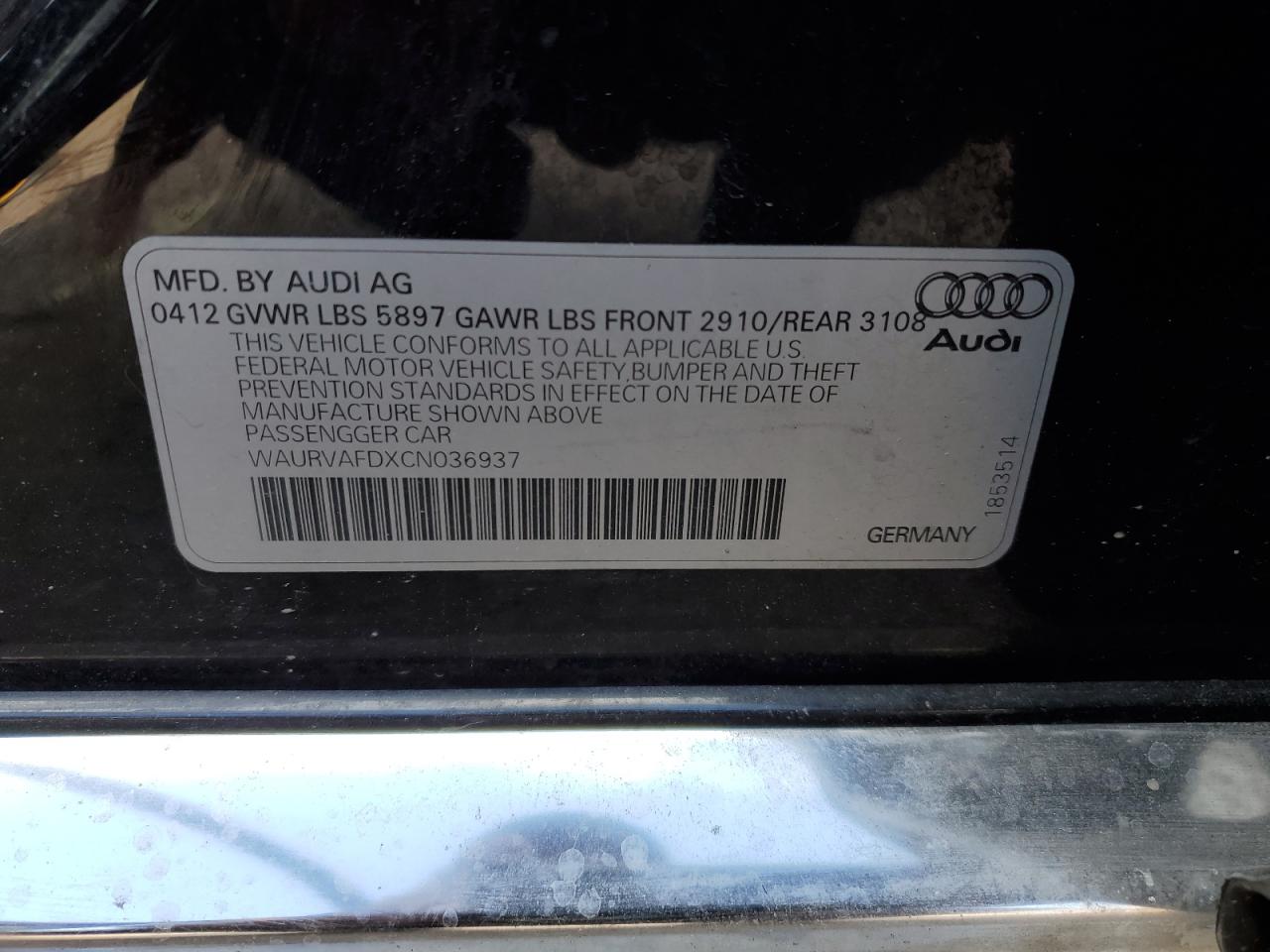 2012 Audi A8 L Quattro VIN: WAURVAFDXCN036937 Lot: 62557305