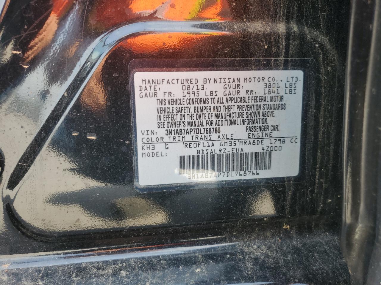 2013 Nissan Sentra S VIN: 3N1AB7AP7DL768766 Lot: 63031375