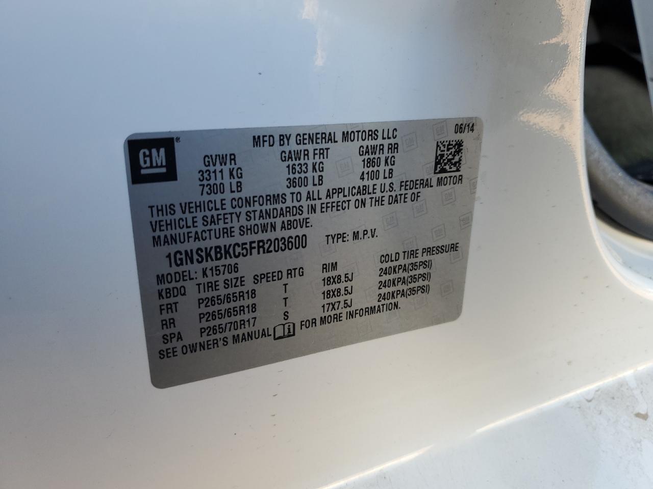 2015 Chevrolet Tahoe K1500 Lt VIN: 1GNSKBKC5FR203600 Lot: 61505325