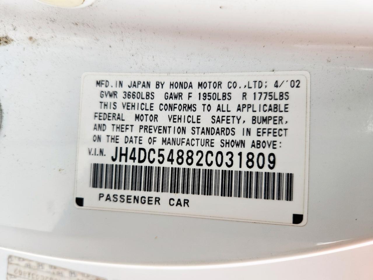 2002 Acura Rsx VIN: JH4DC54882C031809 Lot: 60688145