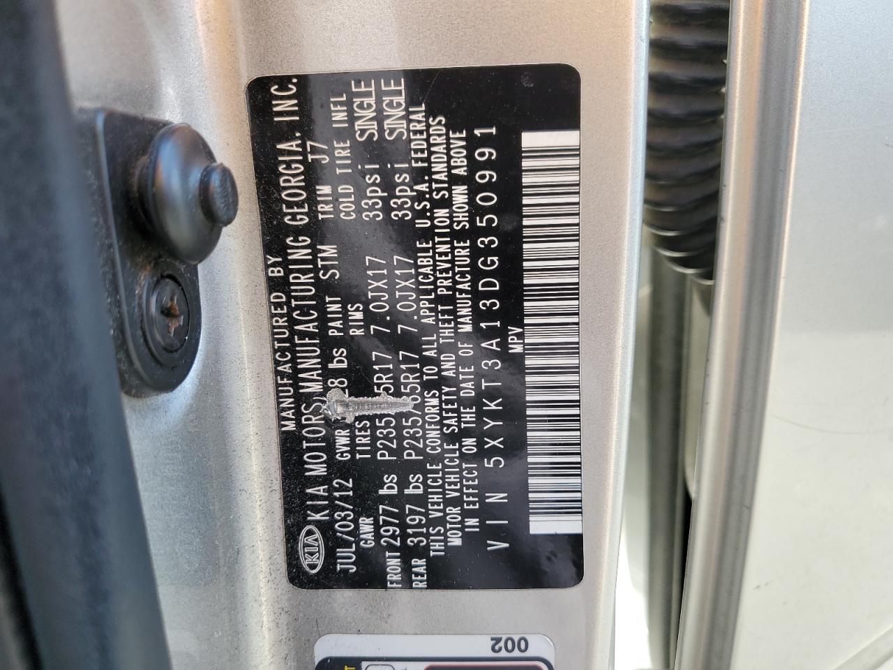 2013 Kia Sorento Lx VIN: 5XYKT3A13DG350991 Lot: 59574535