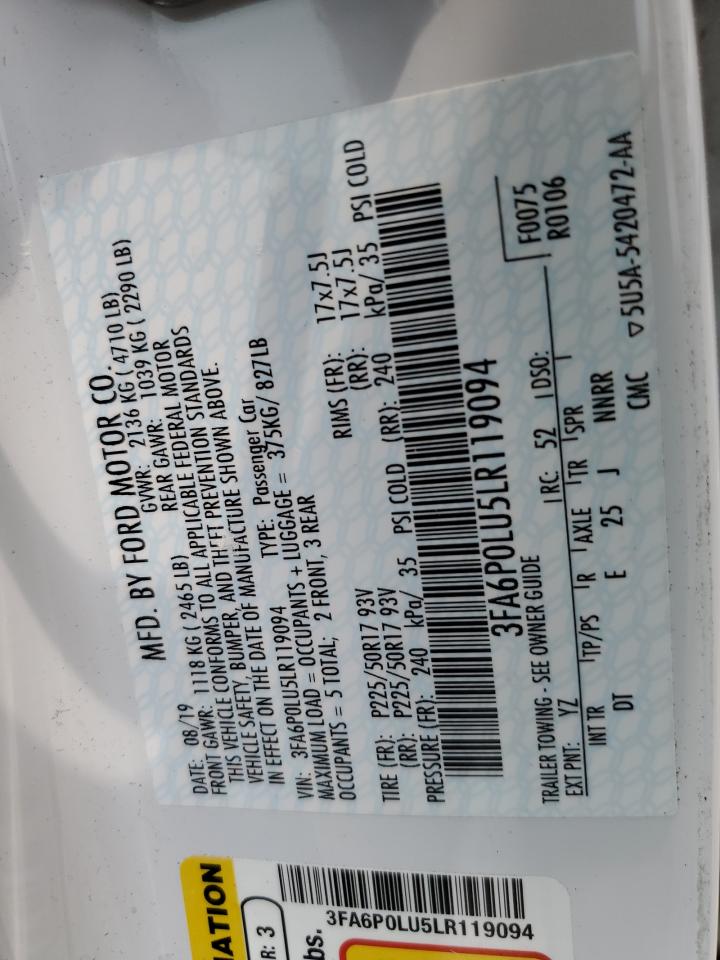 2020 Ford Fusion Se VIN: 3FA6P0LU5LR119094 Lot: 58977265