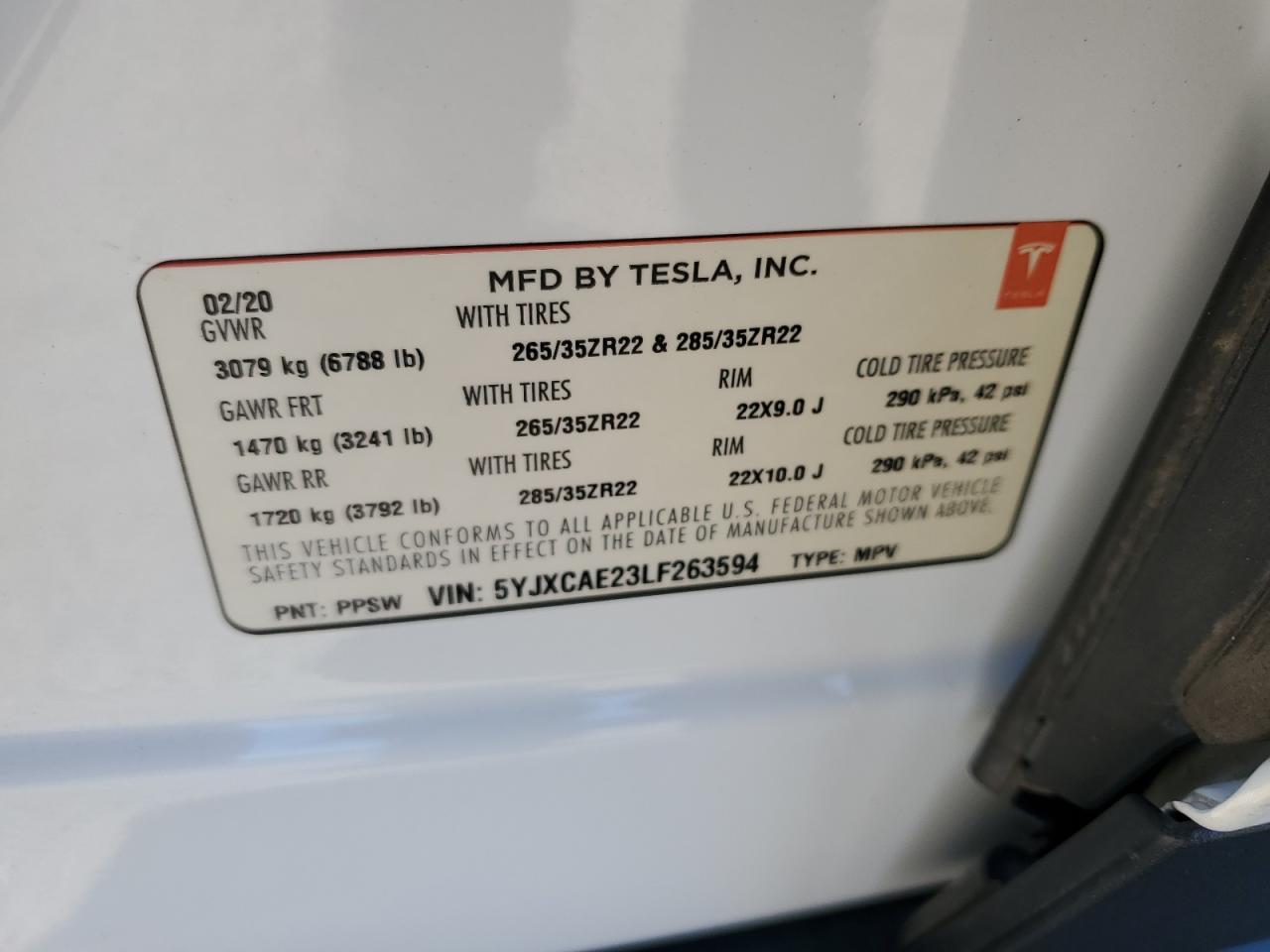 2020 Tesla Model X VIN: 5YJXCAE23LF263594 Lot: 62483375