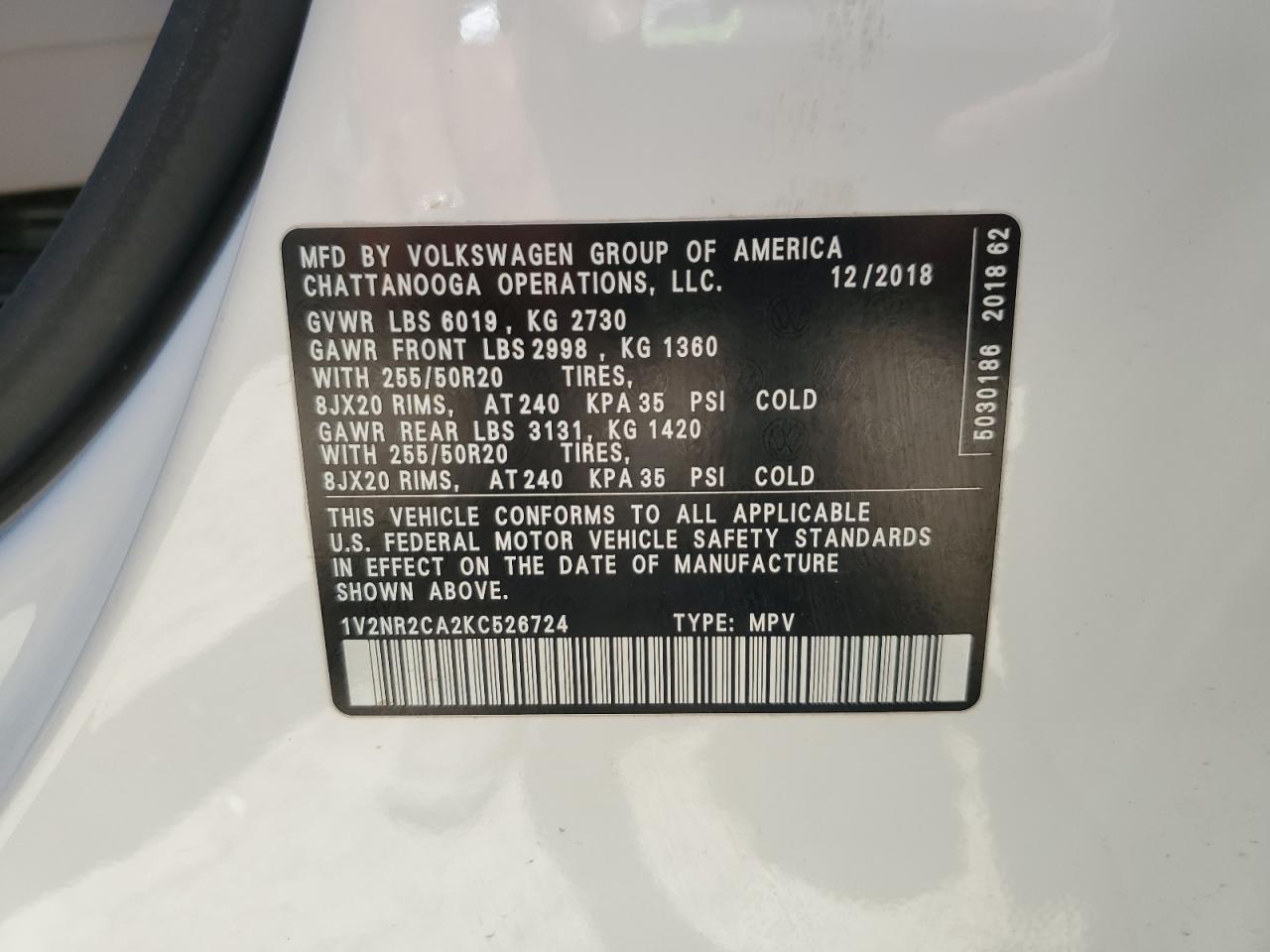 2019 Volkswagen Atlas Sel Premium VIN: 1V2NR2CA2KC526724 Lot: 62012225