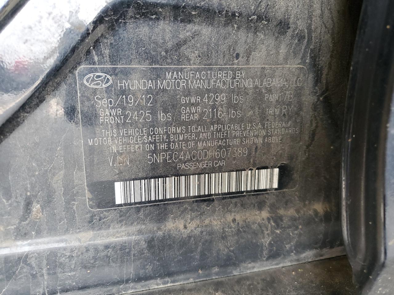 2013 Hyundai Sonata Se VIN: 5NPEC4AC0DH607389 Lot: 69173505