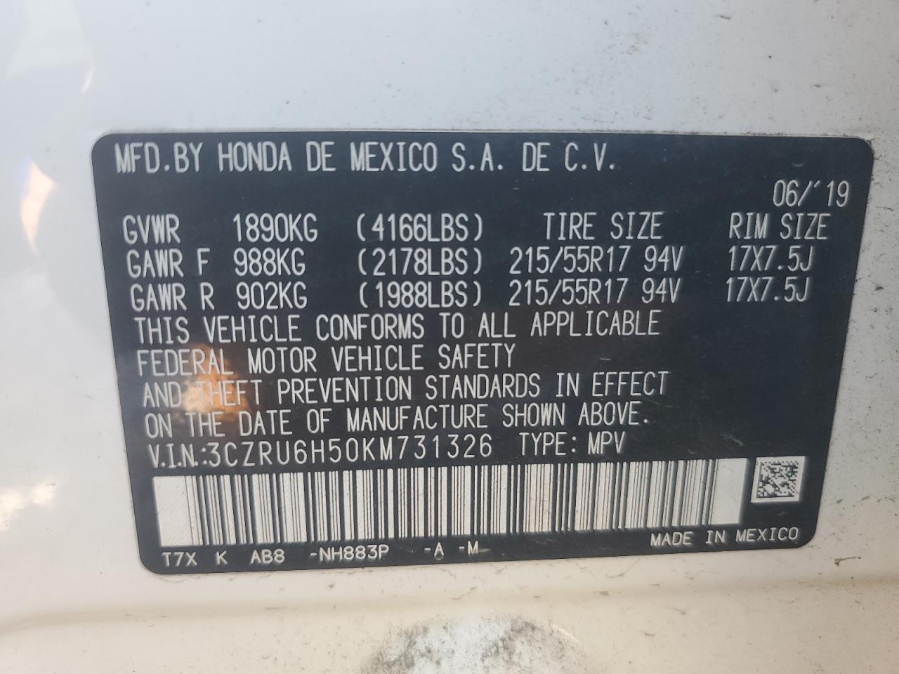 2019 Honda Hr-V Ex VIN: 3CZRU6H50KM731326 Lot: 61373795