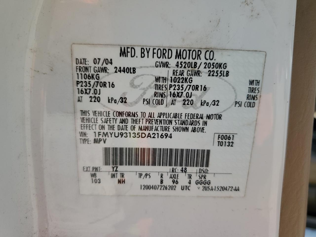 2005 Ford Escape Xlt VIN: 1FMYU93135DA21694 Lot: 59579305