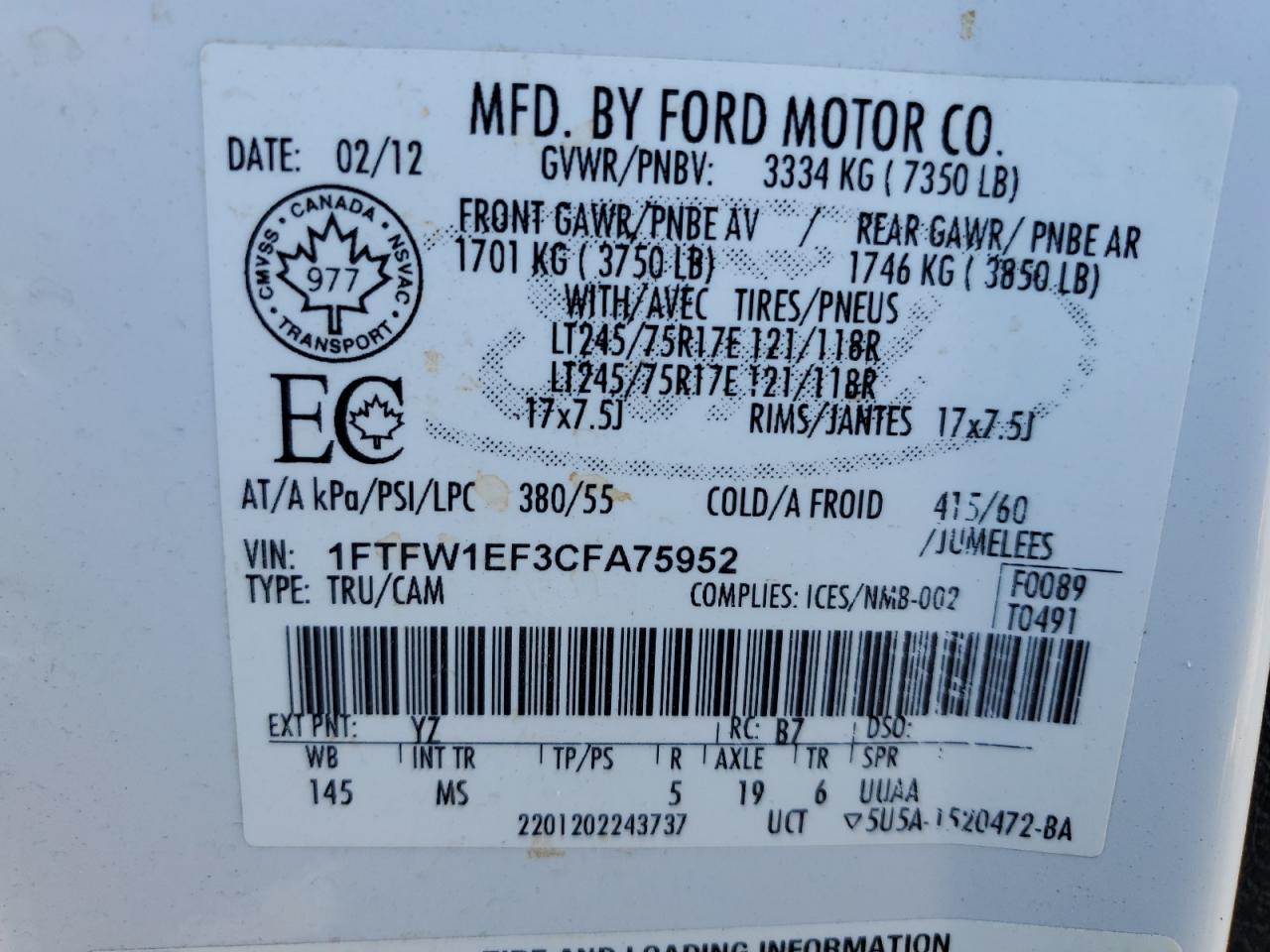 2012 Ford F150 Supercrew VIN: 1FTFW1EF3CFA75952 Lot: 62945625