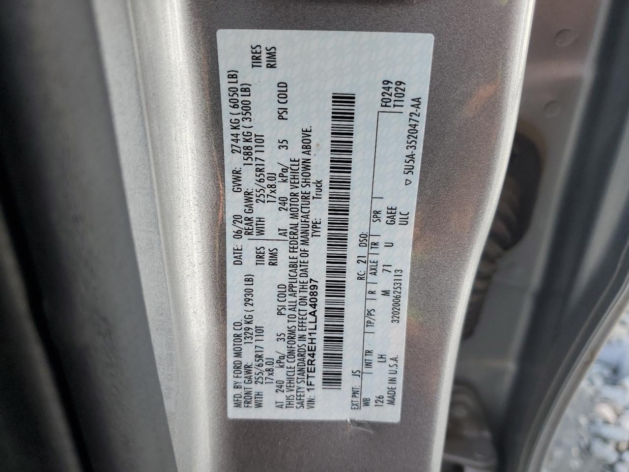 2020 Ford Ranger Xl VIN: 1FTER4EH1LLA40897 Lot: 62363655