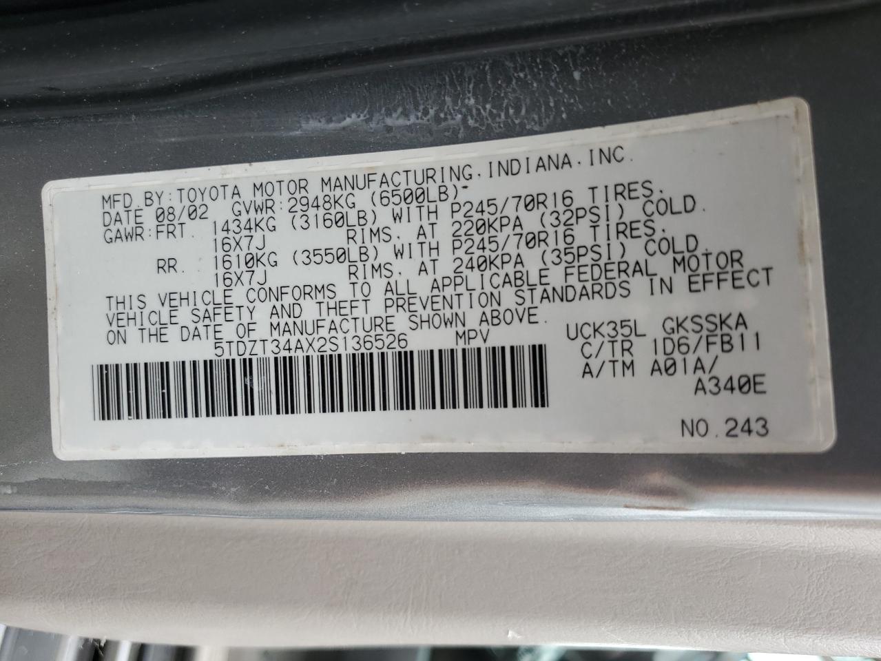 2002 Toyota Sequoia Sr5 VIN: 5TDZT34AX2S136526 Lot: 62794135