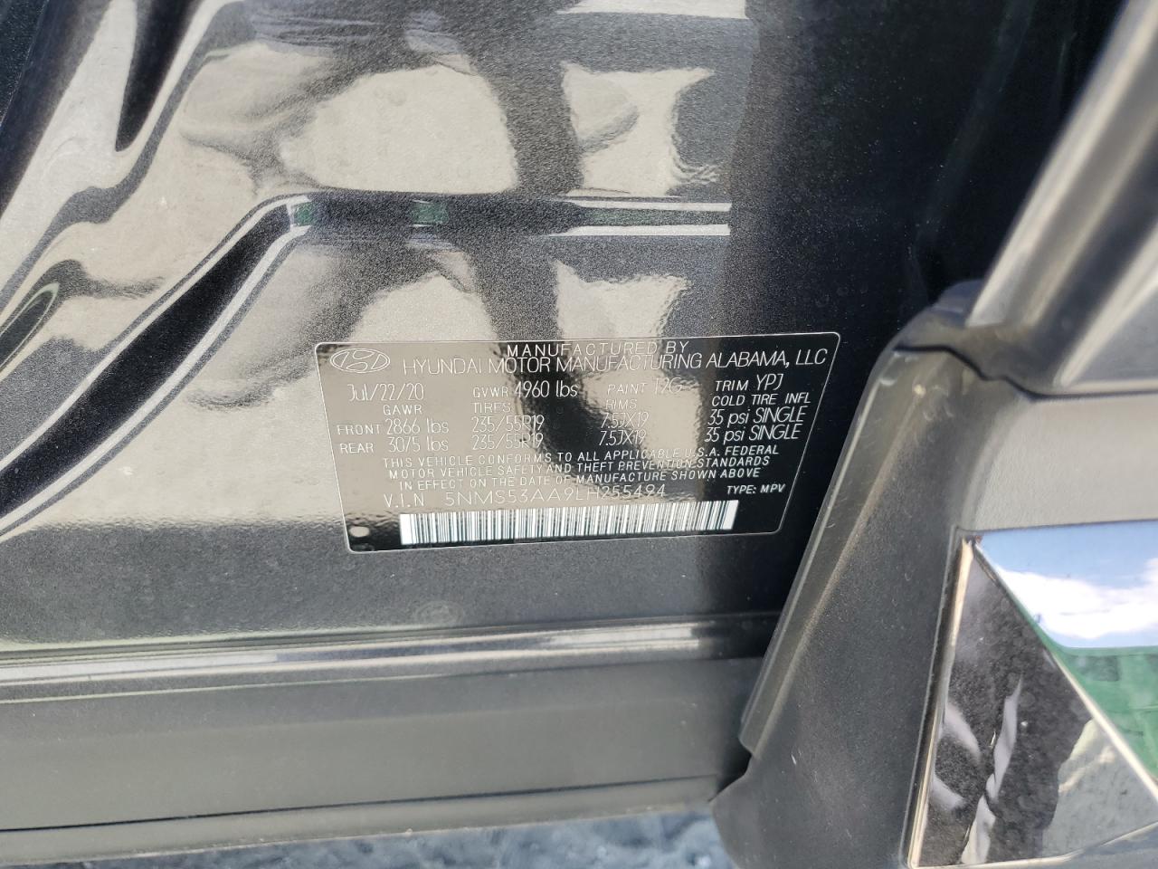 2020 Hyundai Santa Fe Limited VIN: 5NMS53AA9LH255494 Lot: 61452575