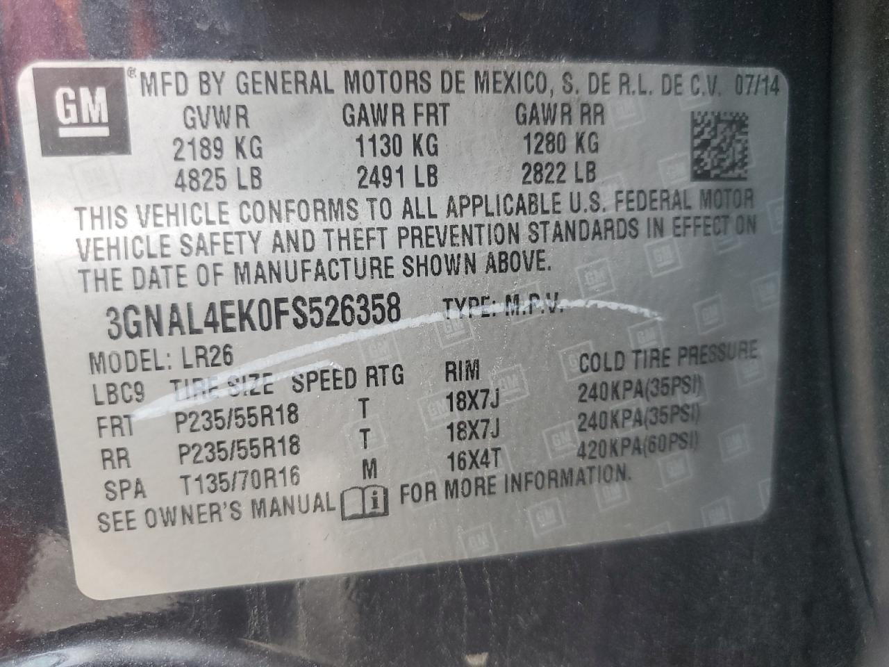 2015 Chevrolet Captiva Ltz VIN: 3GNAL4EK0FS526358 Lot: 61810175