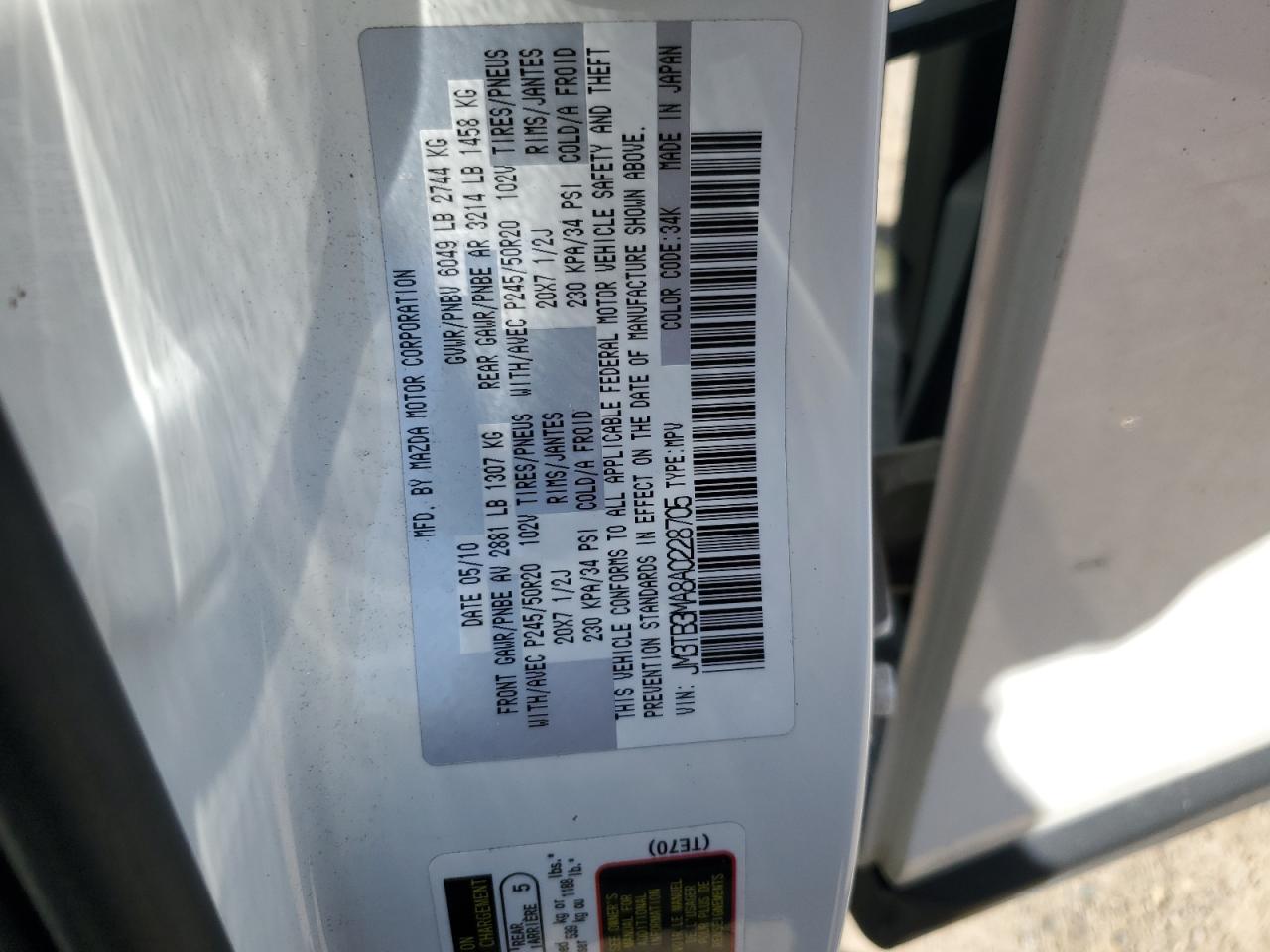 2010 Mazda Cx-9 VIN: JM3TB3MA8A0228705 Lot: 60117965