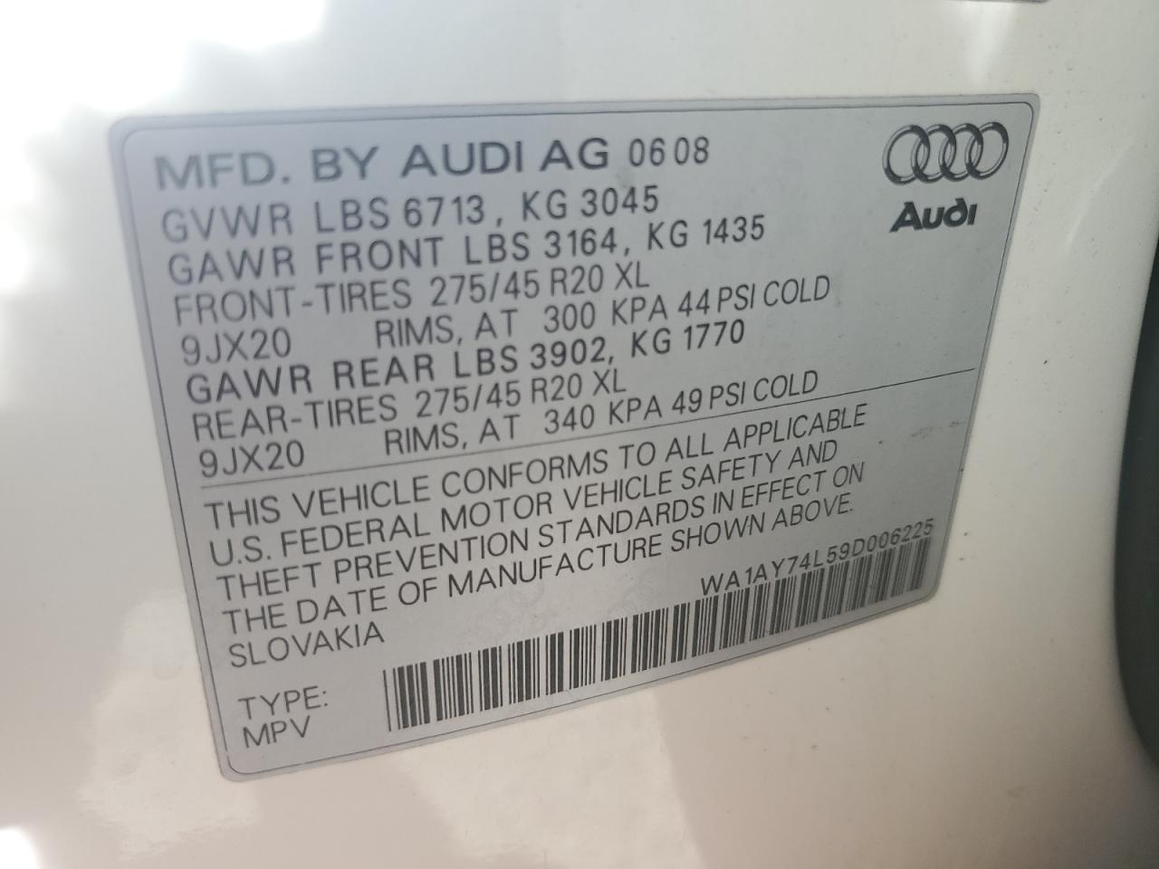 2009 Audi Q7 3.6 Quattro VIN: WA1AY74L59D006225 Lot: 61760315