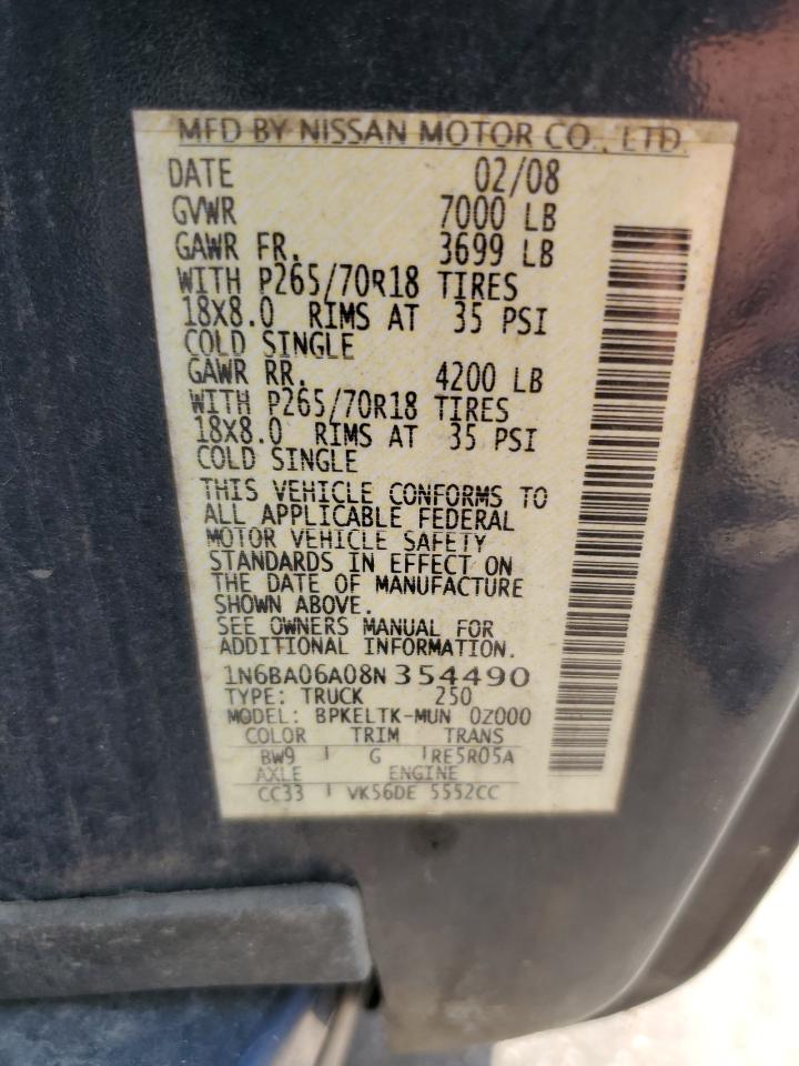 2008 Nissan Titan Xe VIN: 1N6BA06A08N354490 Lot: 62453385