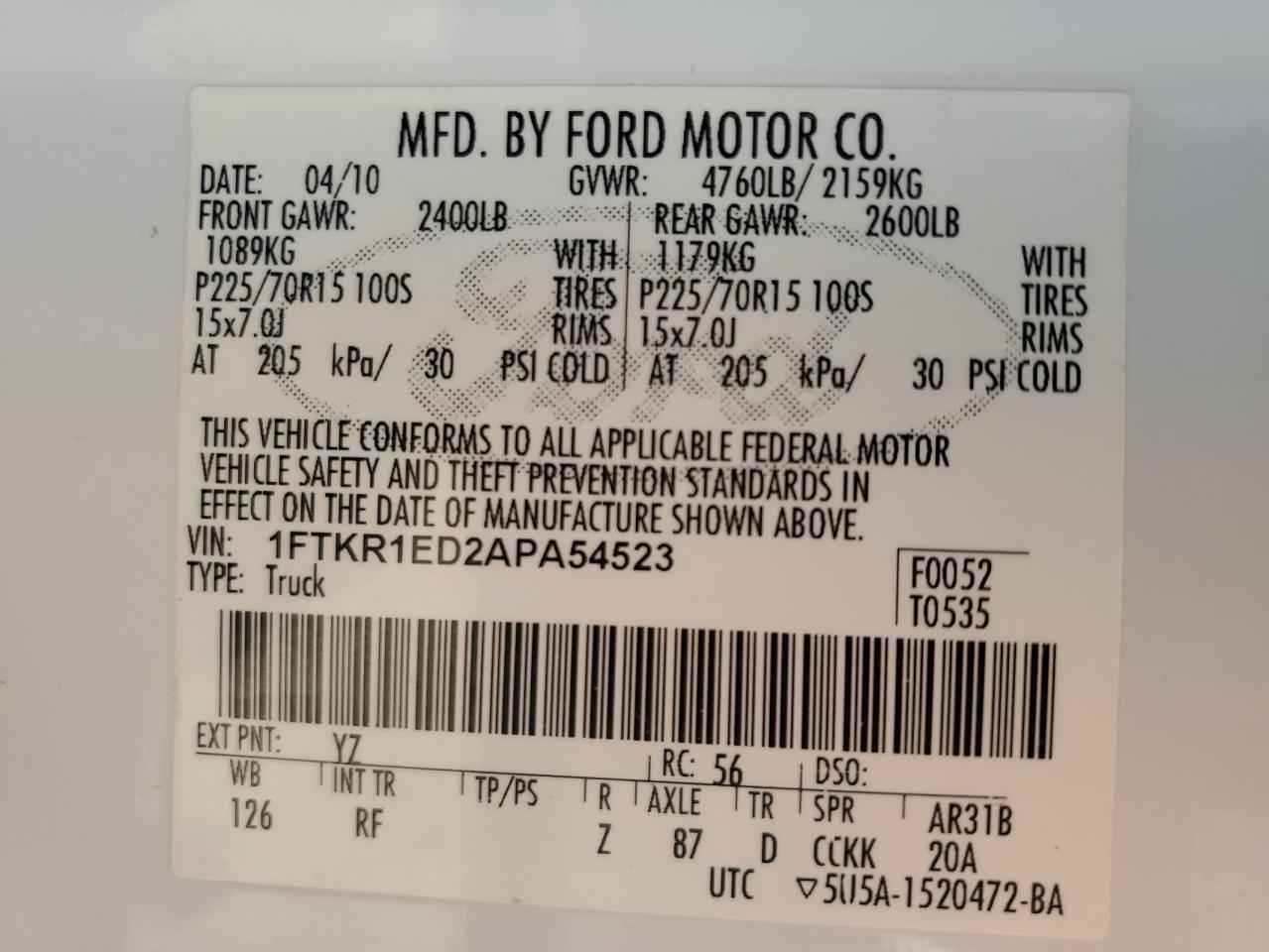 2010 Ford Ranger Super Cab VIN: 1FTKR1ED2APA54523 Lot: 60732545