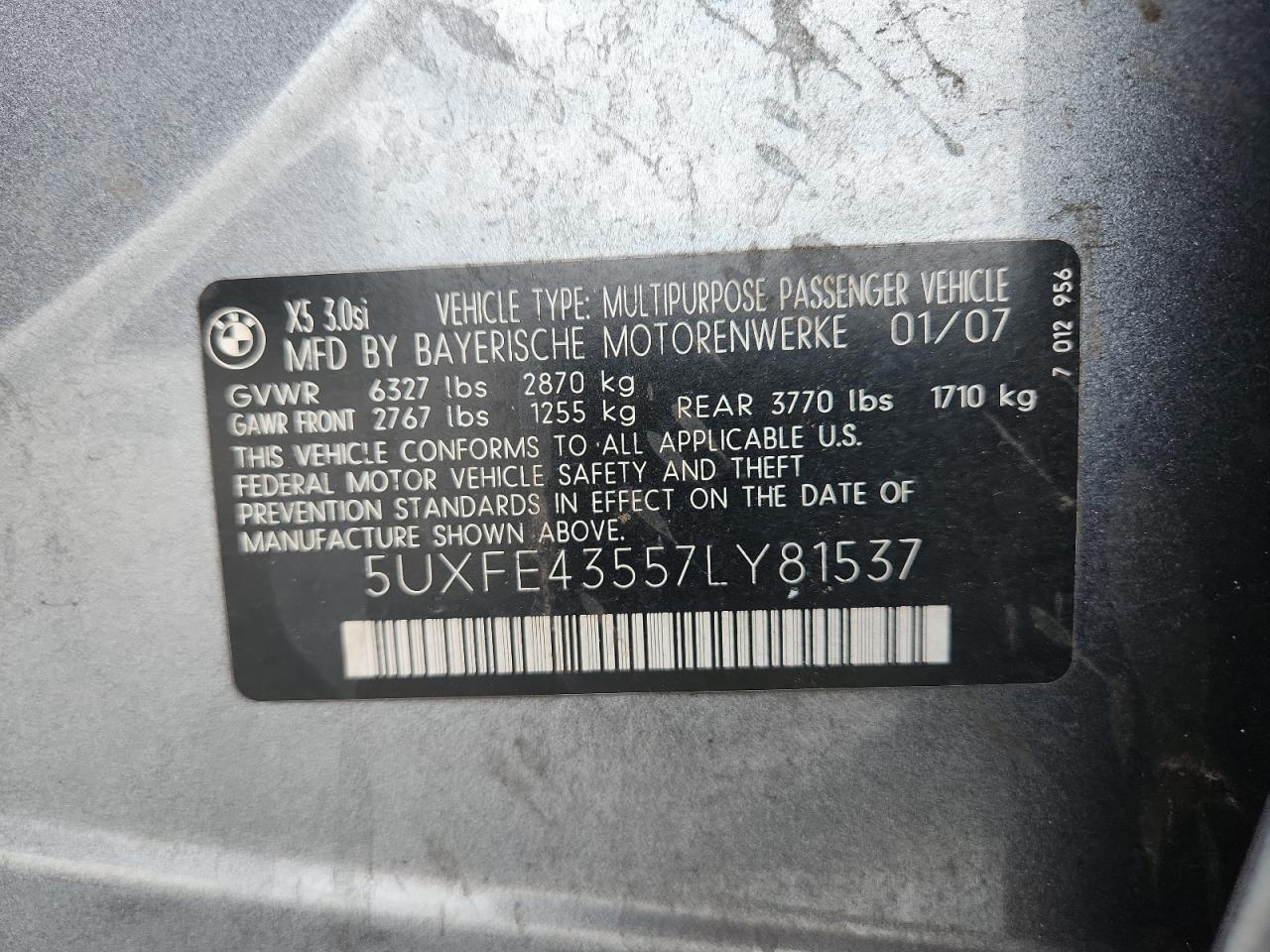 2007 BMW X5 3.0I VIN: 5UXFE43557LY81537 Lot: 64935115