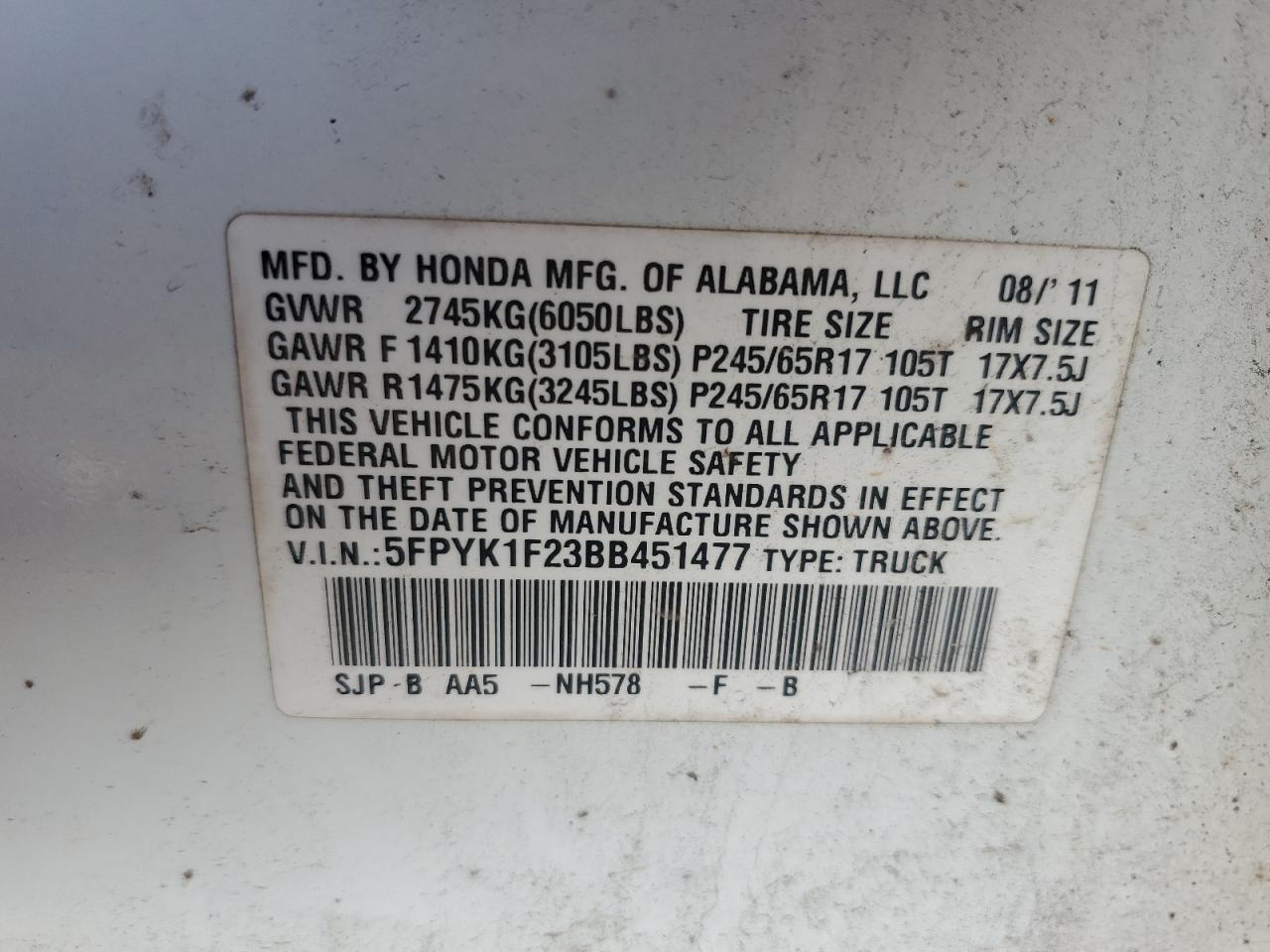 2011 Honda Ridgeline Rt VIN: 5FPYK1F23BB451477 Lot: 61366435