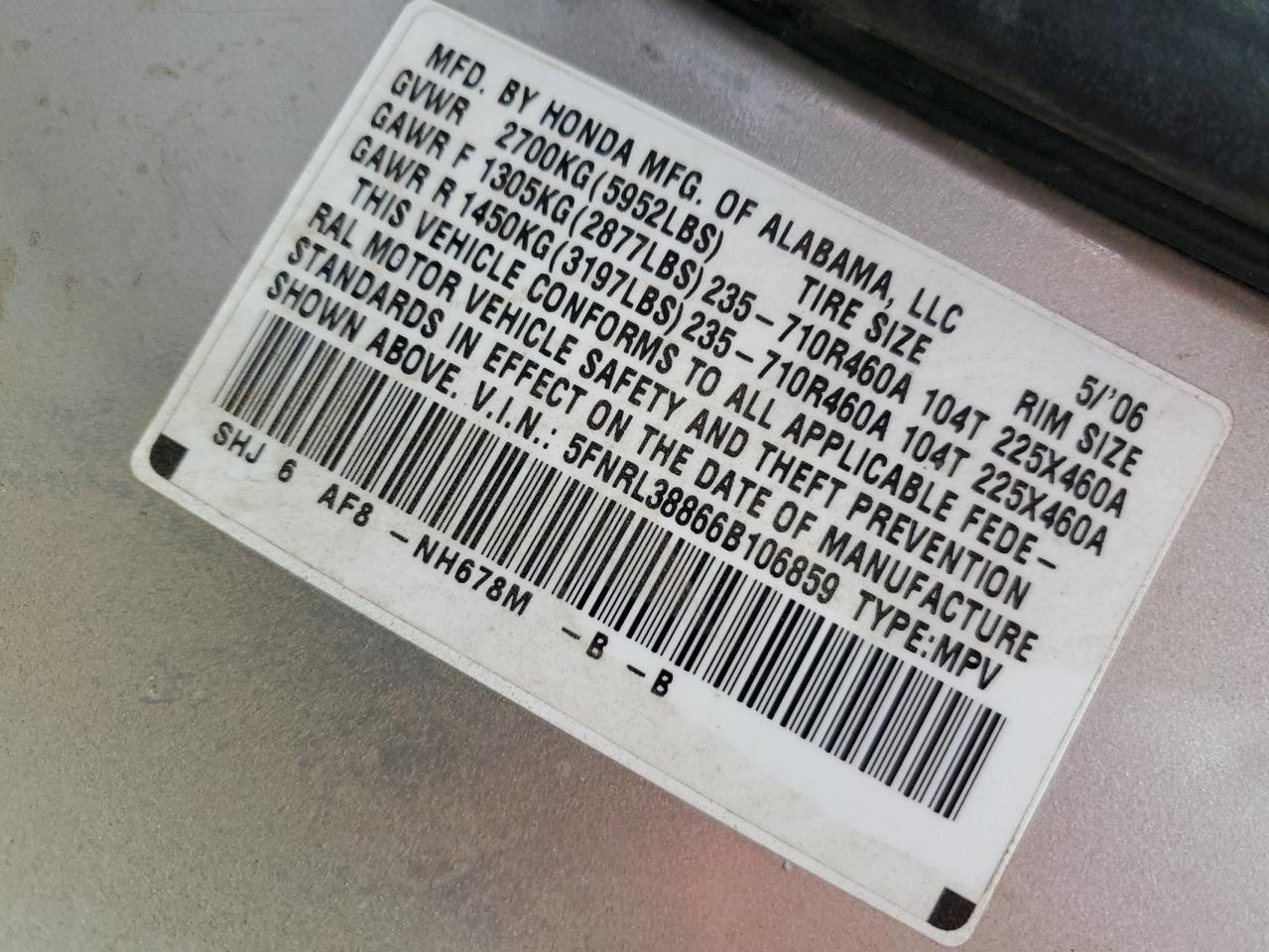 2006 Honda Odyssey Touring VIN: 5FNRL38866B106859 Lot: 62405745