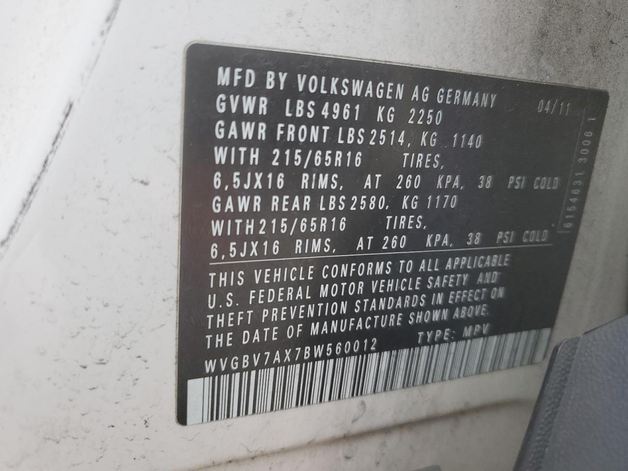 2011 Volkswagen Tiguan S VIN: WVGBV7AX7BW560012 Lot: 63031455