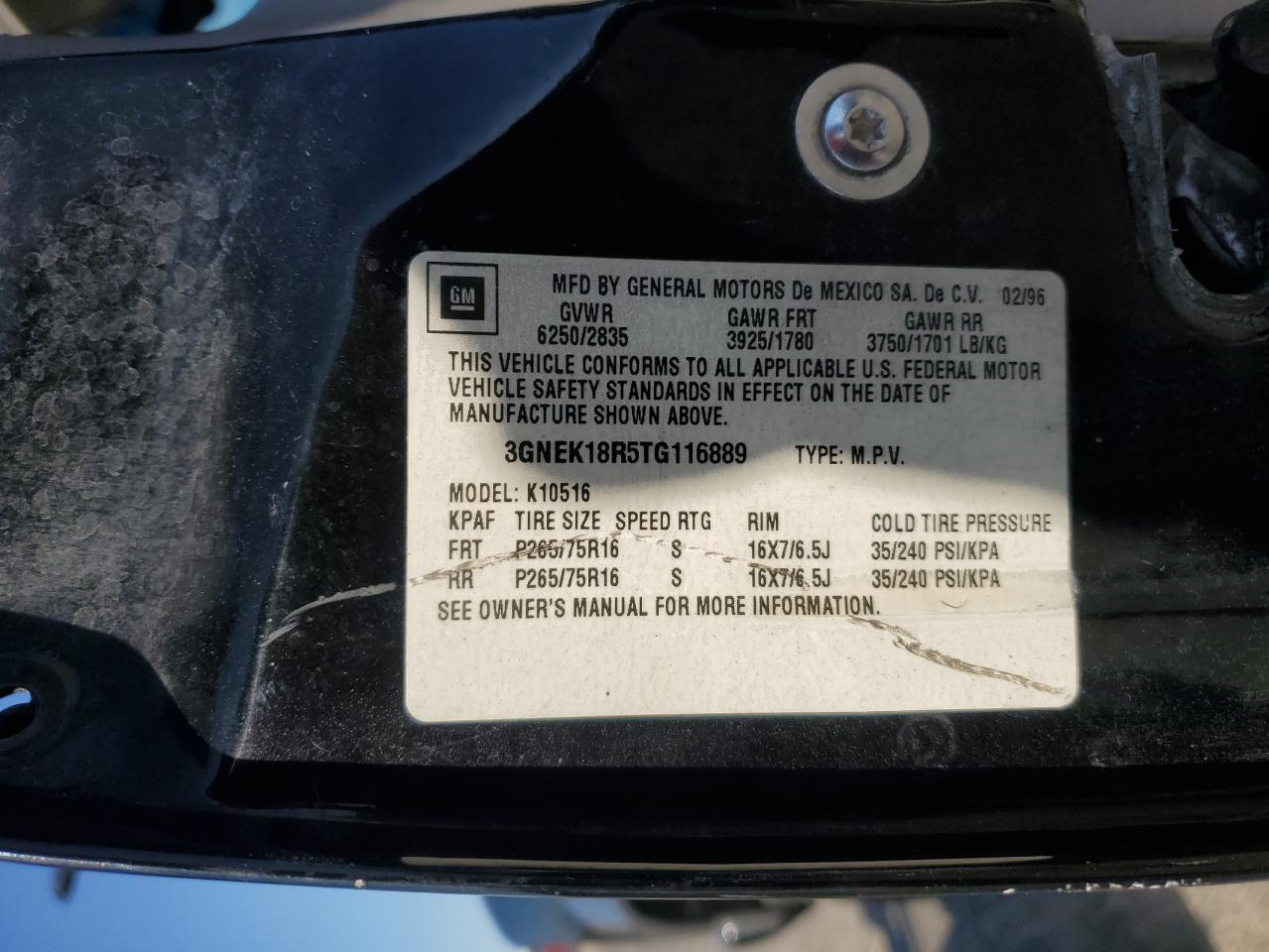 1996 Chevrolet Tahoe K1500 VIN: 3GNEK18R5TG116889 Lot: 62400455