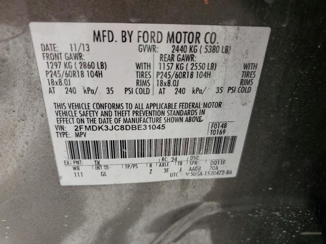 2013 Ford Edge Sel VIN: 2FMDK3JC8DBE31045 Lot: 63144655