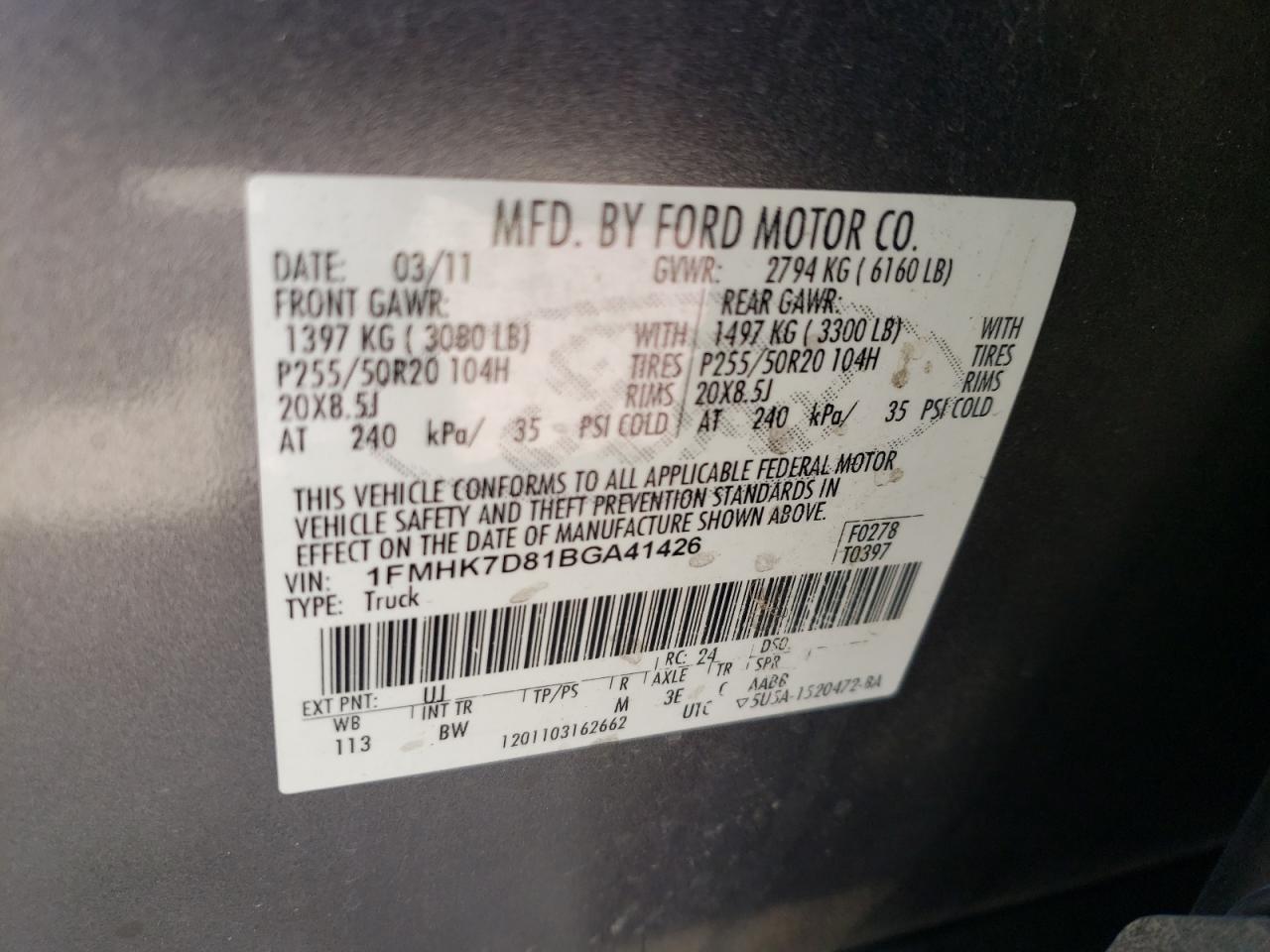 2011 Ford Explorer Xlt VIN: 1FMHK7D81BGA41426 Lot: 62238155