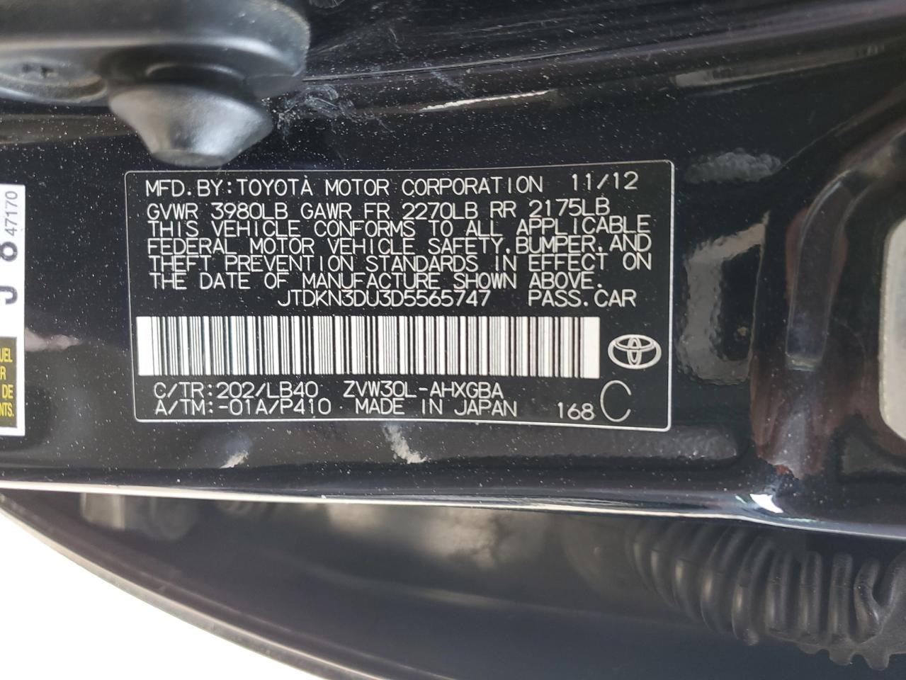 2013 Toyota Prius VIN: JTDKN3DU3D5565747 Lot: 59587935