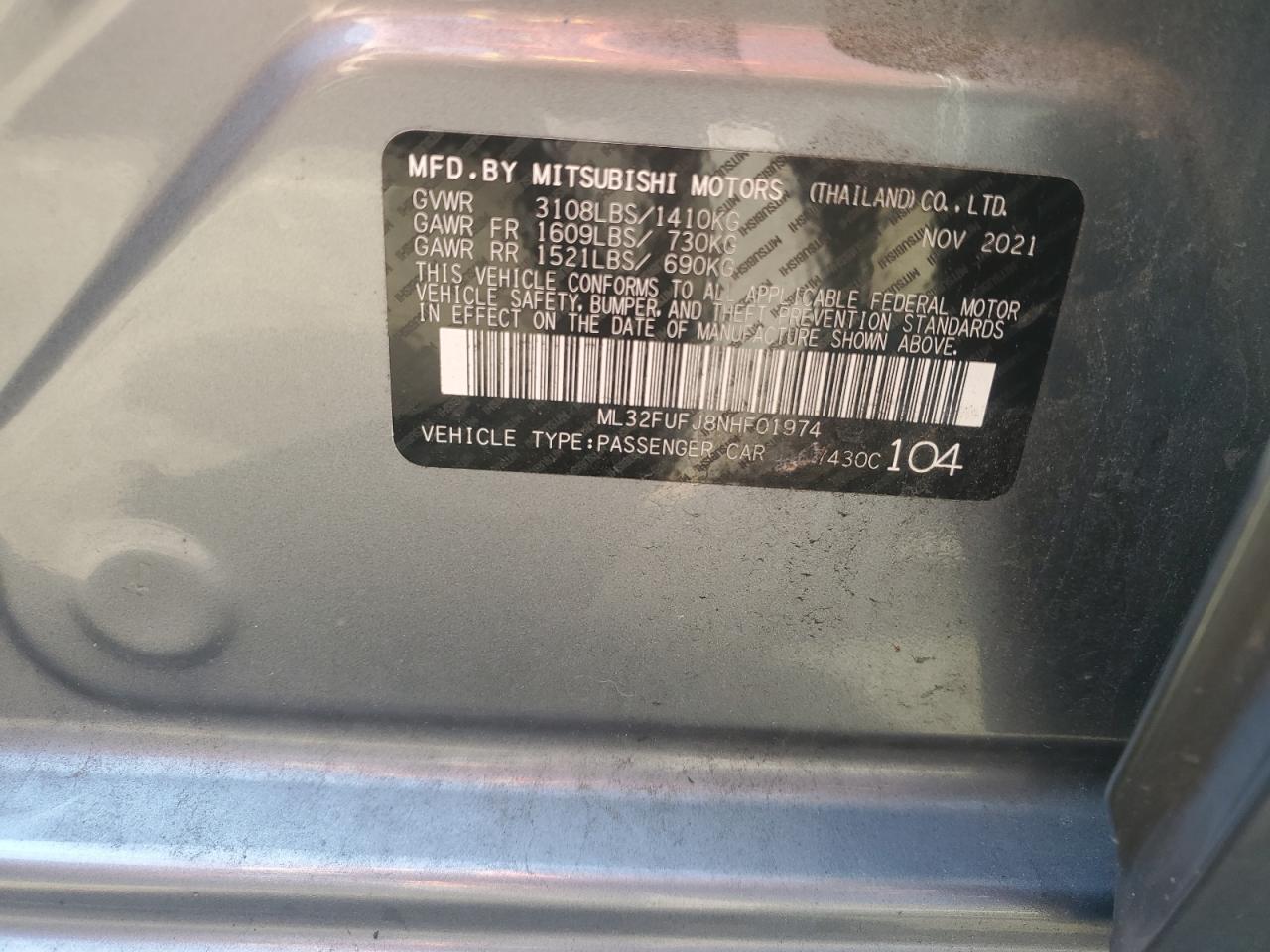 2022 Mitsubishi Mirage G4 Es VIN: ML32FUFJ8NHF01974 Lot: 61609255