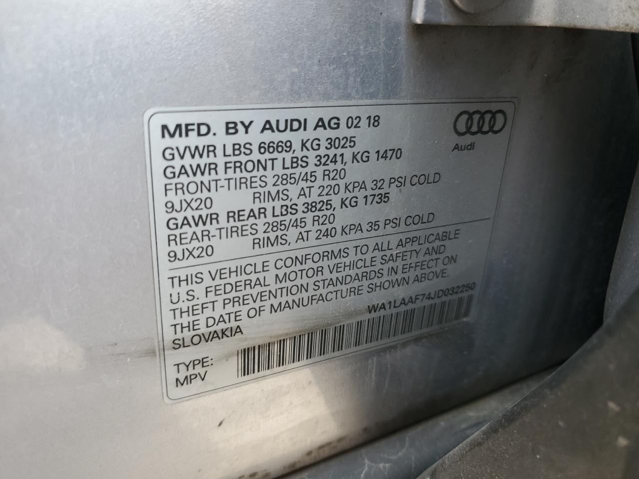 2018 Audi Q7 Premium Plus VIN: WA1LAAF74JD032250 Lot: 60641865