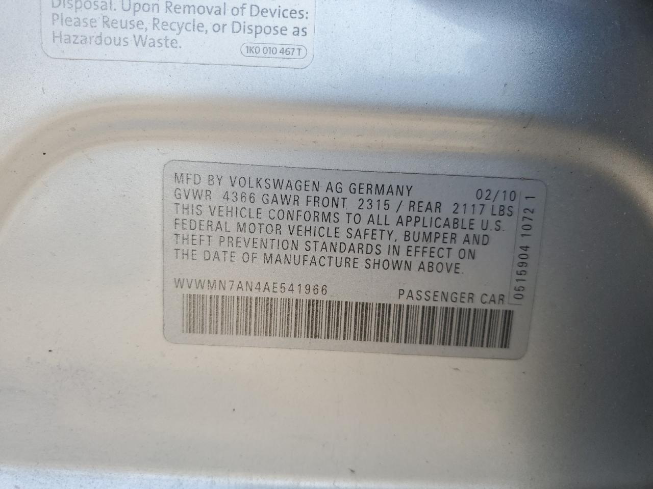 2010 Volkswagen Cc Sport VIN: WVWMN7AN4AE541966 Lot: 60863765