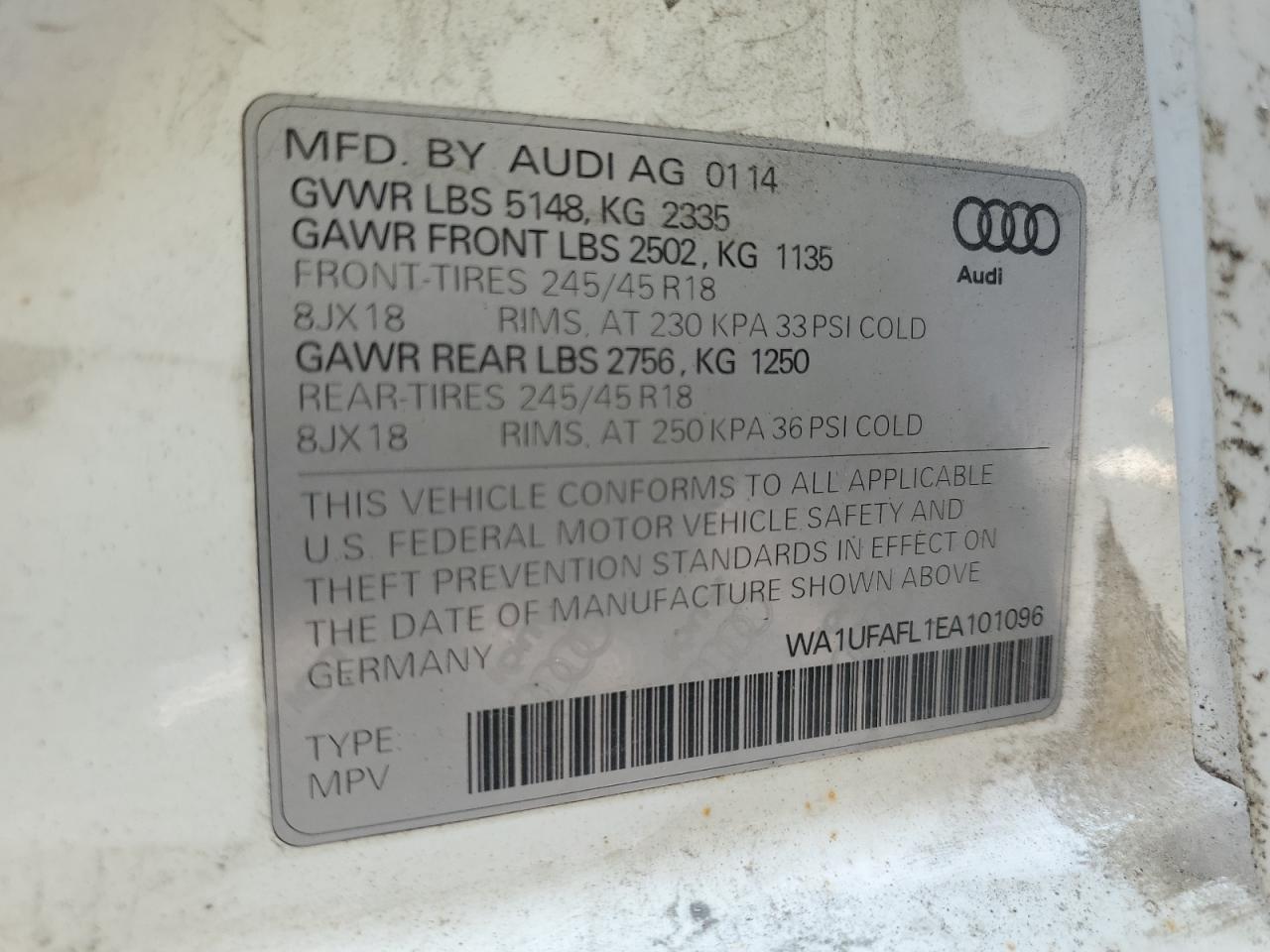 2014 Audi A4 Allroad Premium Plus VIN: WA1UFAFL1EA101096 Lot: 59180865