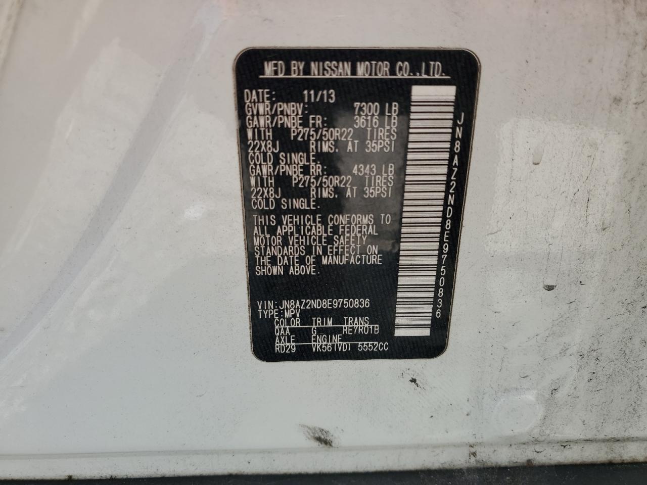 2014 Infiniti Qx80 VIN: JN8AZ2ND8E9750836 Lot: 62141075