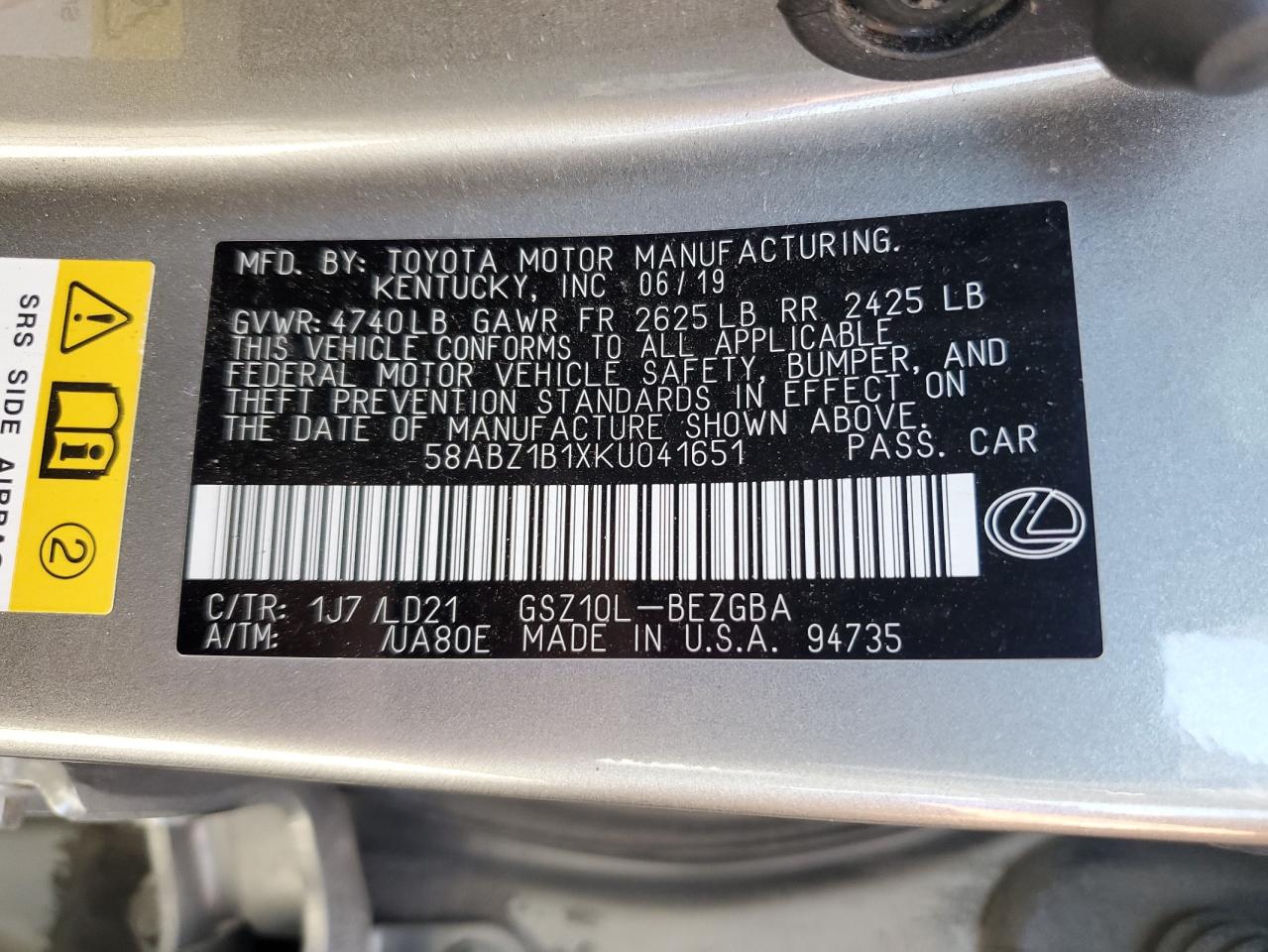 2019 Lexus Es 350 VIN: 58ABZ1B1XKU041651 Lot: 62071055