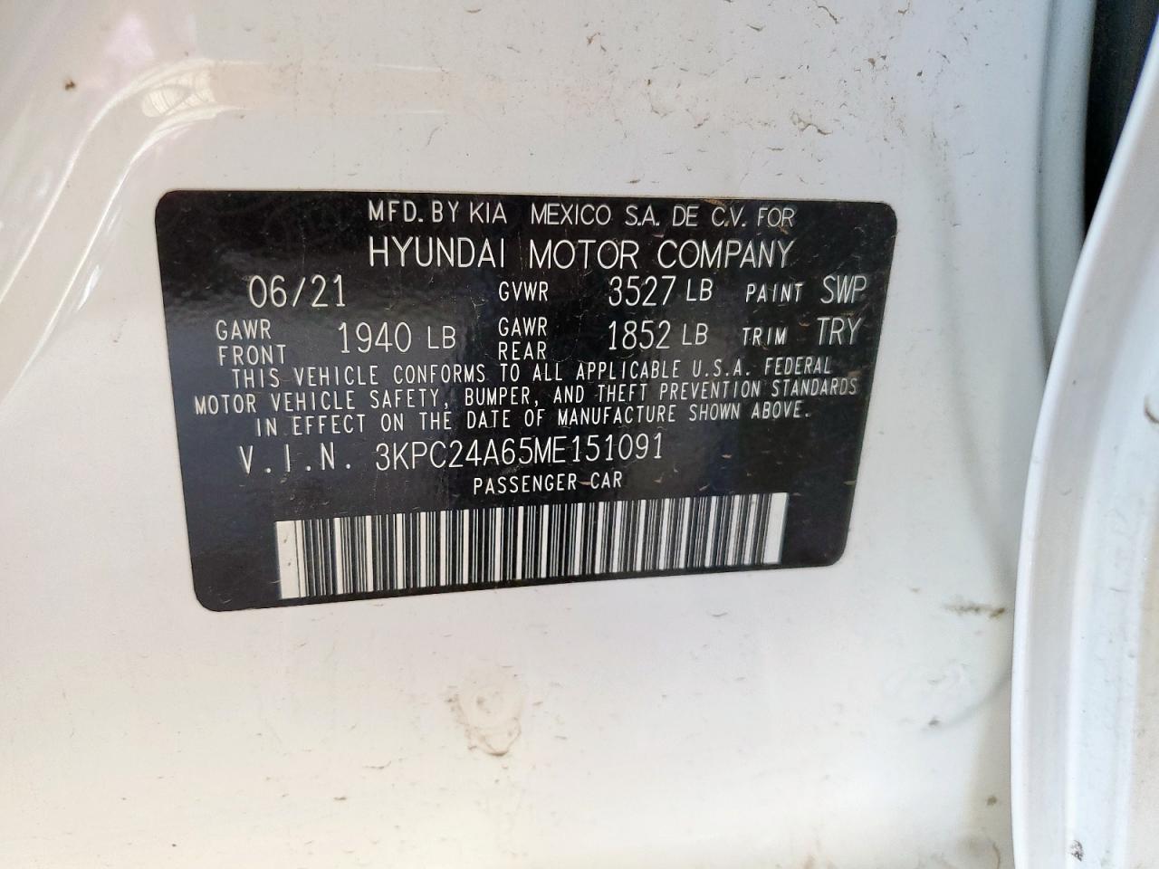 2021 Hyundai Accent Se VIN: 3KPC24A65ME151091 Lot: 60733125