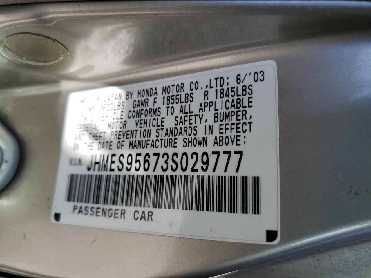 2003 Honda Civic Hybrid VIN: JHMES95673S029777 Lot: 61424585