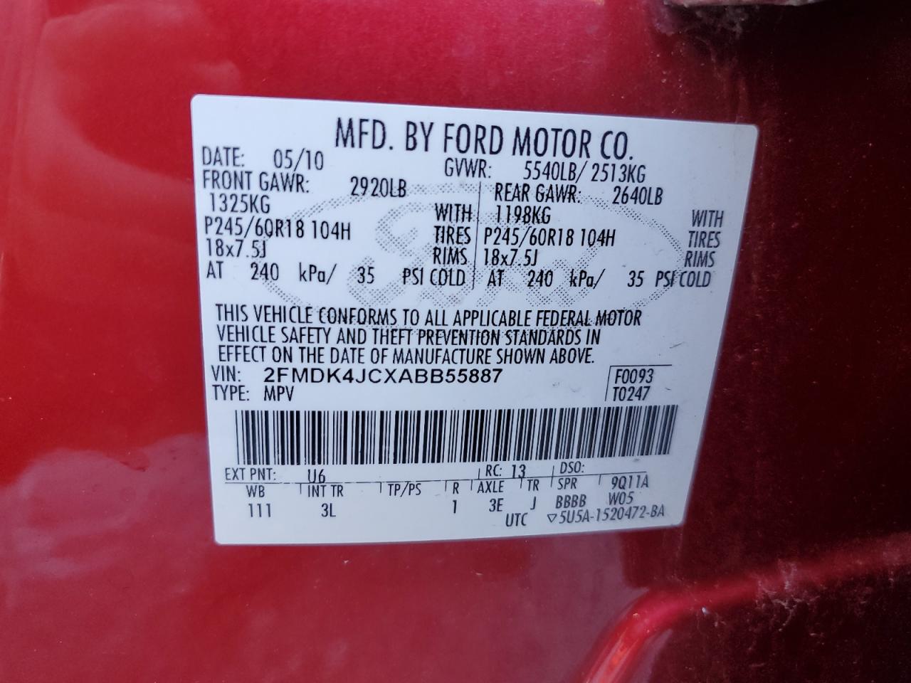 2010 Ford Edge Sel VIN: 2FMDK4JCXABB55887 Lot: 62689265