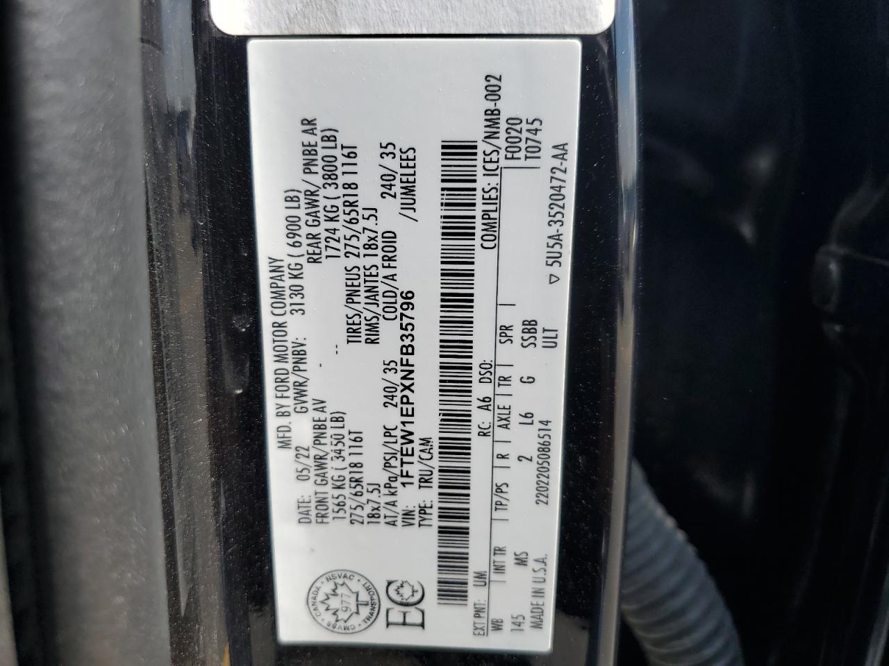 2022 Ford F150 Supercrew VIN: 1FTEW1EPXNFB35796 Lot: 60378415