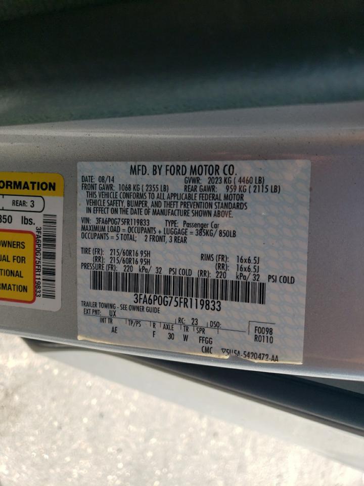 2015 Ford Fusion S VIN: 3FA6P0G75FR119833 Lot: 62594435