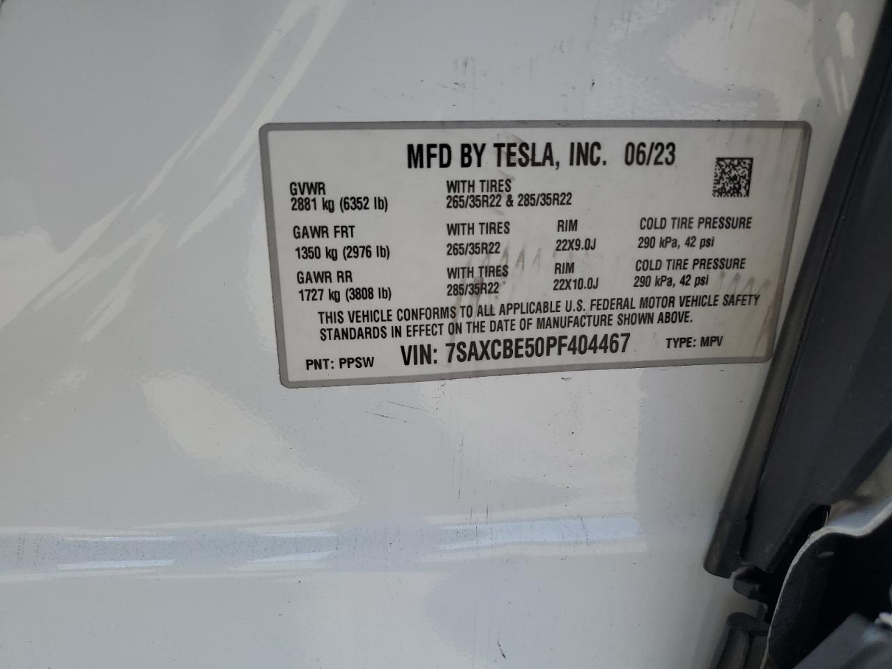 2023 Tesla Model X VIN: 7SAXCBE50PF404467 Lot: 61534305