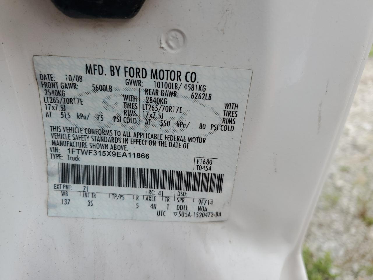 2009 Ford F350 Super Duty VIN: 1FTWF315X9EA11866 Lot: 62069795