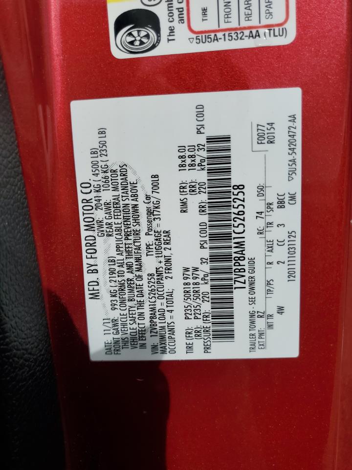 2012 Ford Mustang VIN: 1ZVBP8AM1C5265258 Lot: 61309595