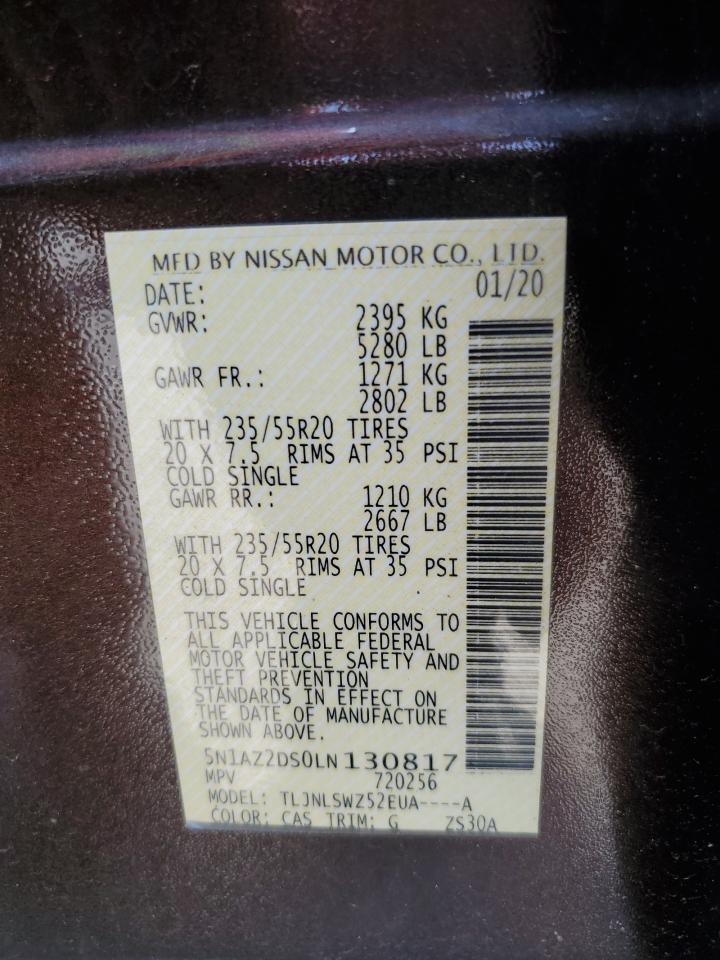 2020 Nissan Murano Platinum VIN: 5N1AZ2DS0LN130817 Lot: 62014315