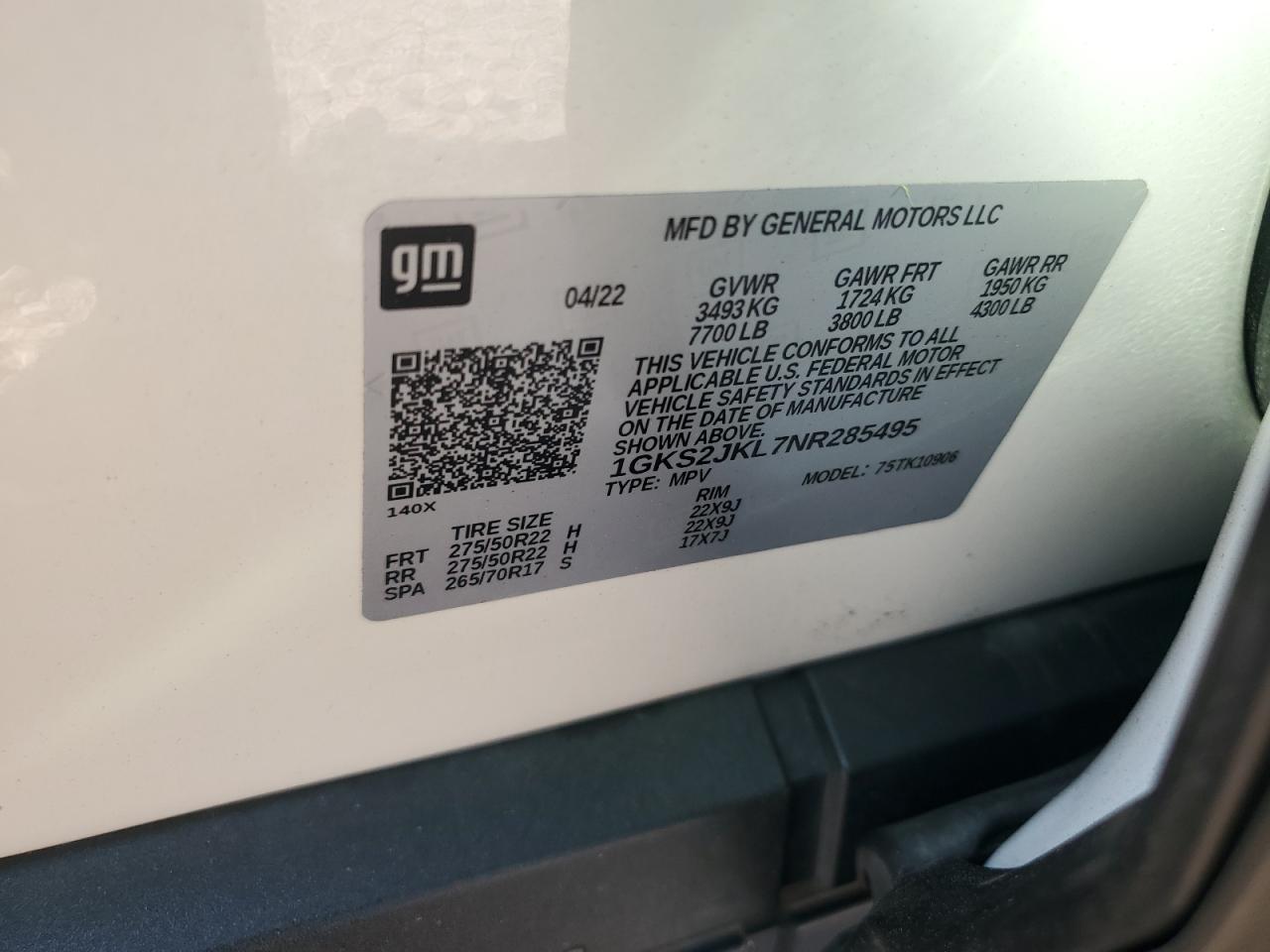 2022 GMC Yukon Xl Denali VIN: 1GKS2JKL7NR285495 Lot: 62531835