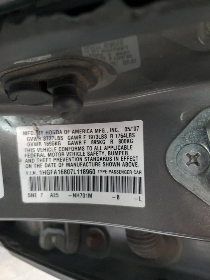 2007 Honda Civic Ex VIN: 1HGFA16807L118960 Lot: 63023455
