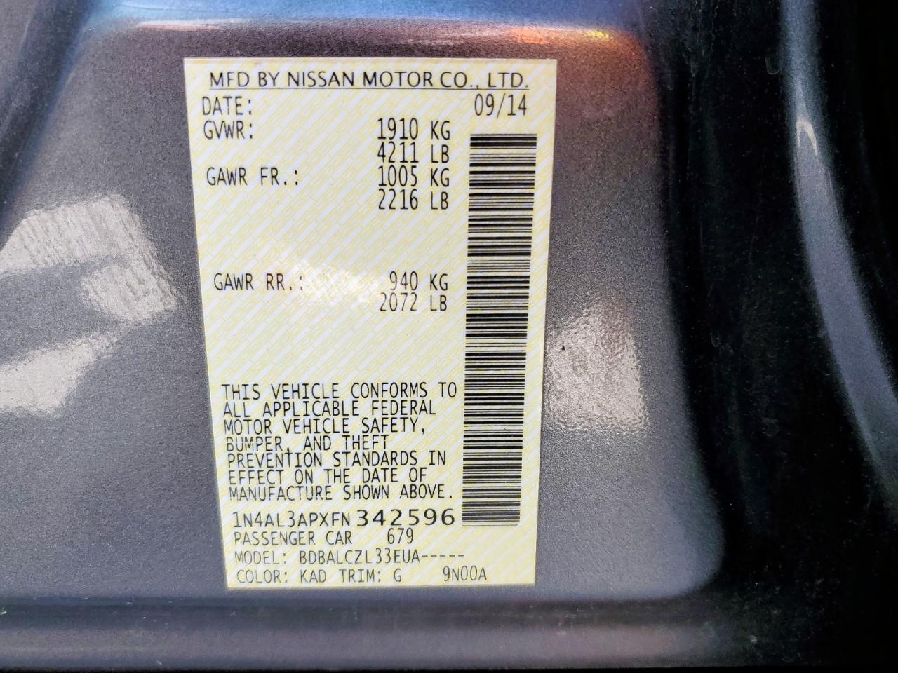 NISSAN ALTIMA 2015 VIN 1N4AL3APXFN342596 фото 13