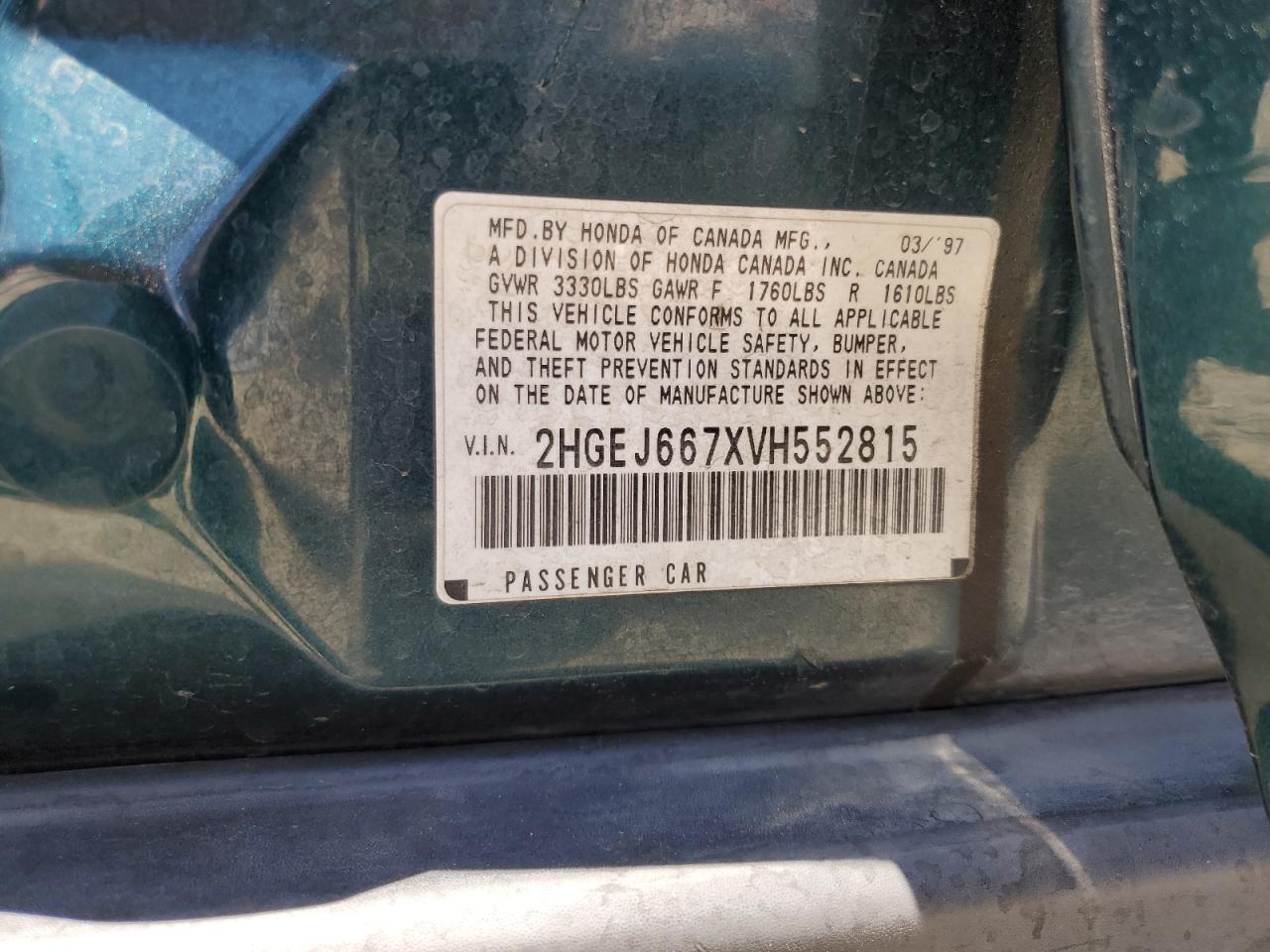 1997 Honda Civic Lx VIN: 2HGEJ667XVH552815 Lot: 62698485